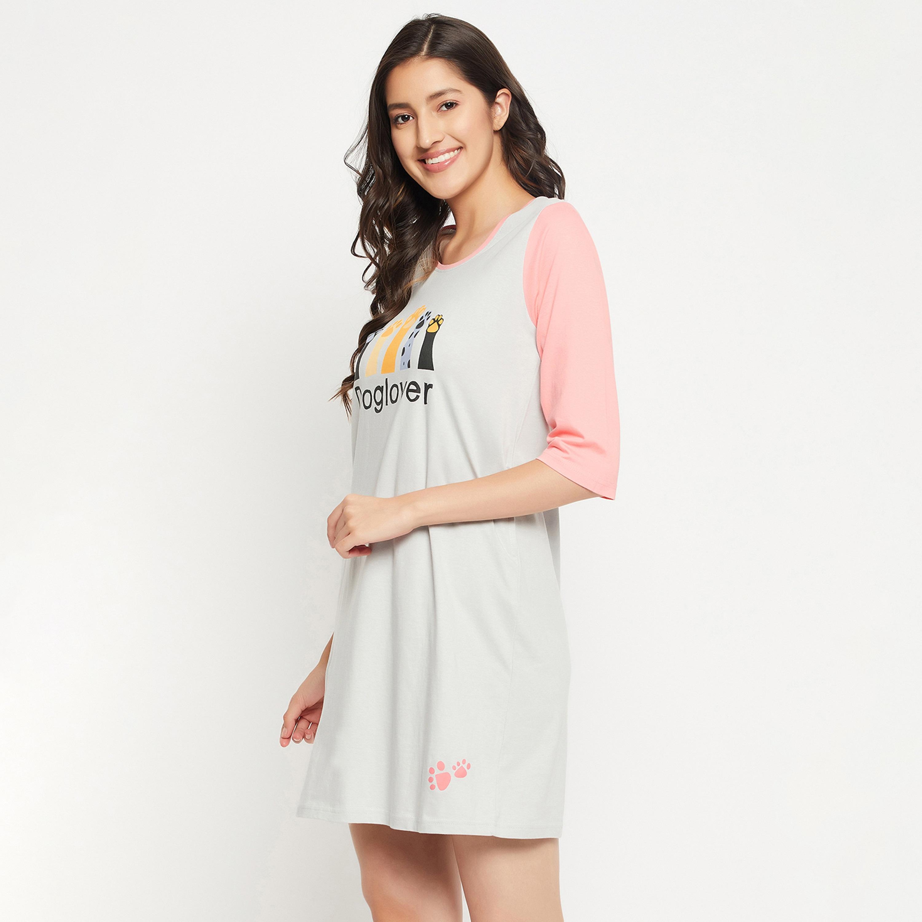 Clovia Graphic Print Colour Blocked Women's Short Night Dress in Grey - 100% Cotton-women-clothing-nightwear-nighties-image-4