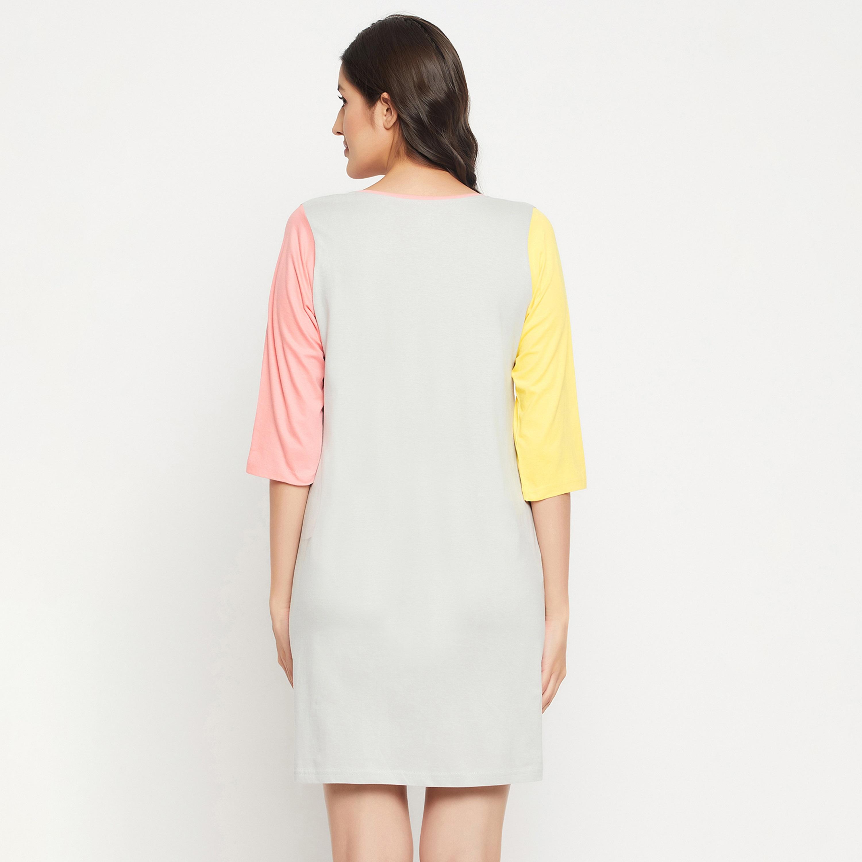 Clovia Graphic Print Colour Blocked Women's Short Night Dress in Grey - 100% Cotton-women-clothing-nightwear-nighties-image-5