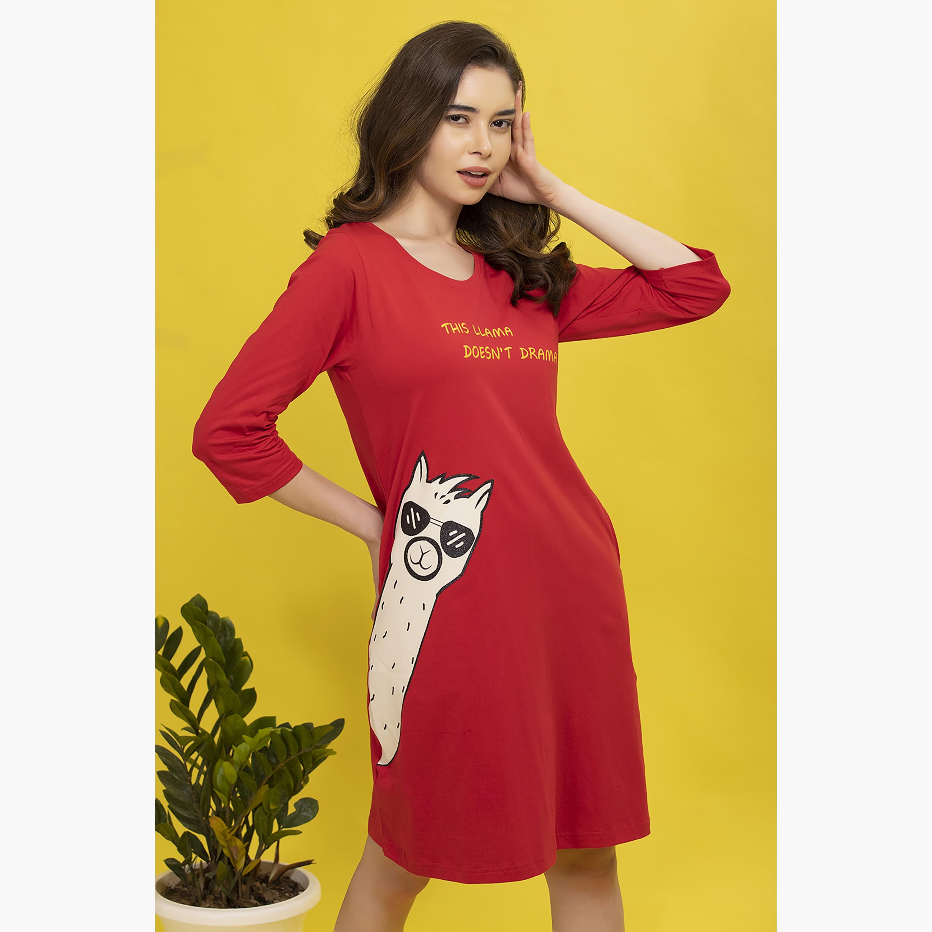 Clovia Graphic Round Neck Knee Length Night Dress-women-clothing-nightwear-nighties-image-1