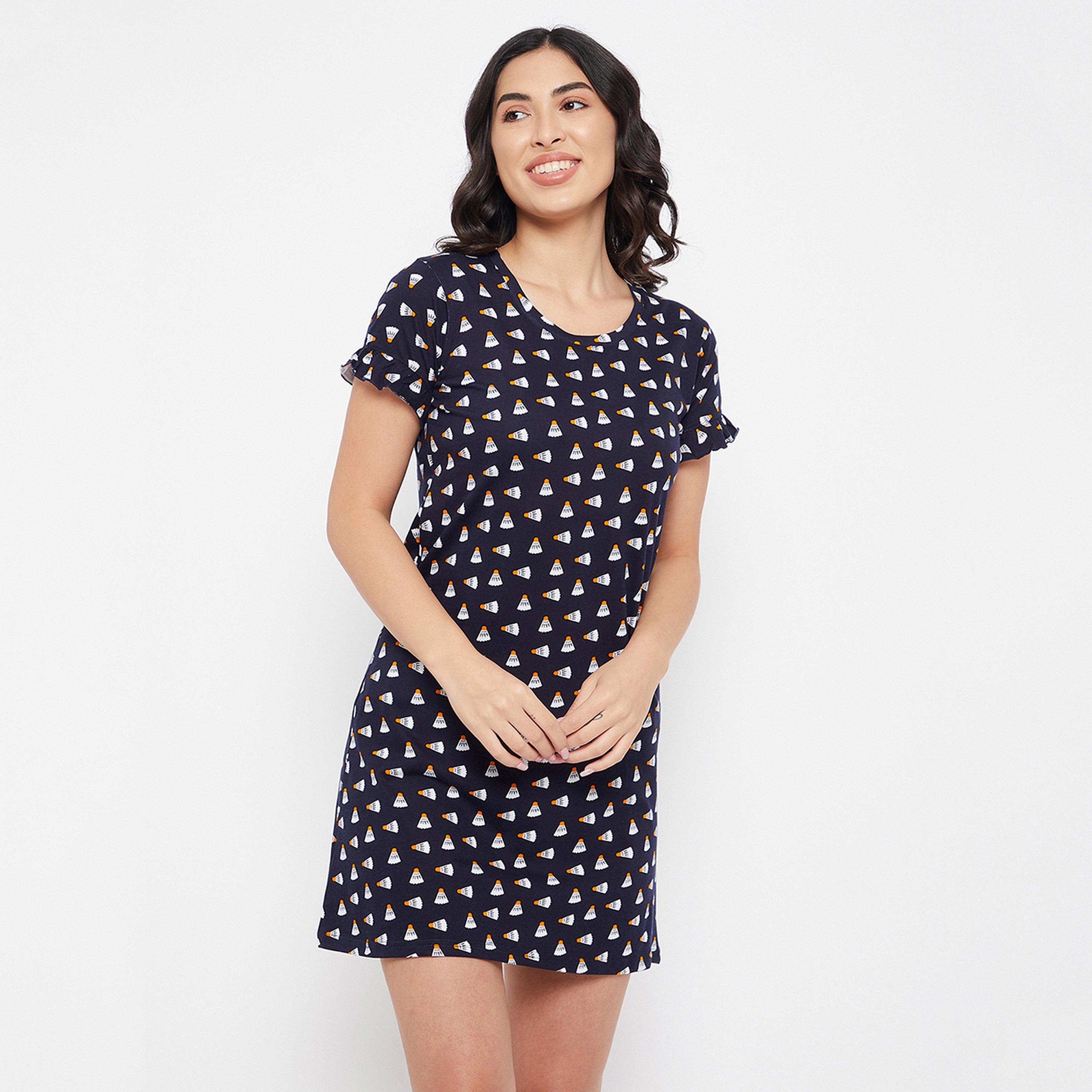 Clovia Shuttlecock Print Women's Short Night Dress in Dark Blue - Pure Cotton-women-clothing-nightwear-nighties-image-1