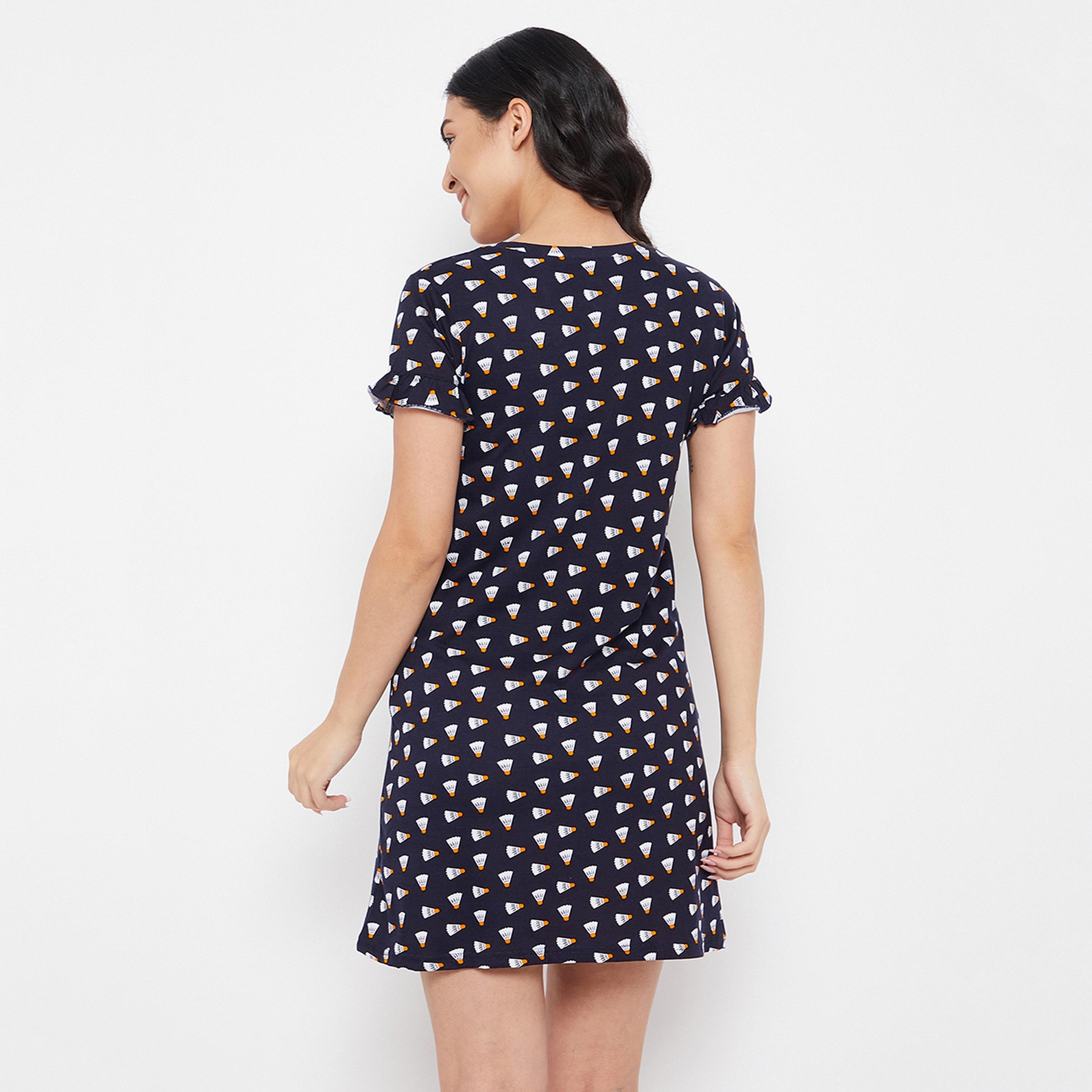 Clovia Shuttlecock Print Women's Short Night Dress in Dark Blue - Pure Cotton-women-clothing-nightwear-nighties-image-5