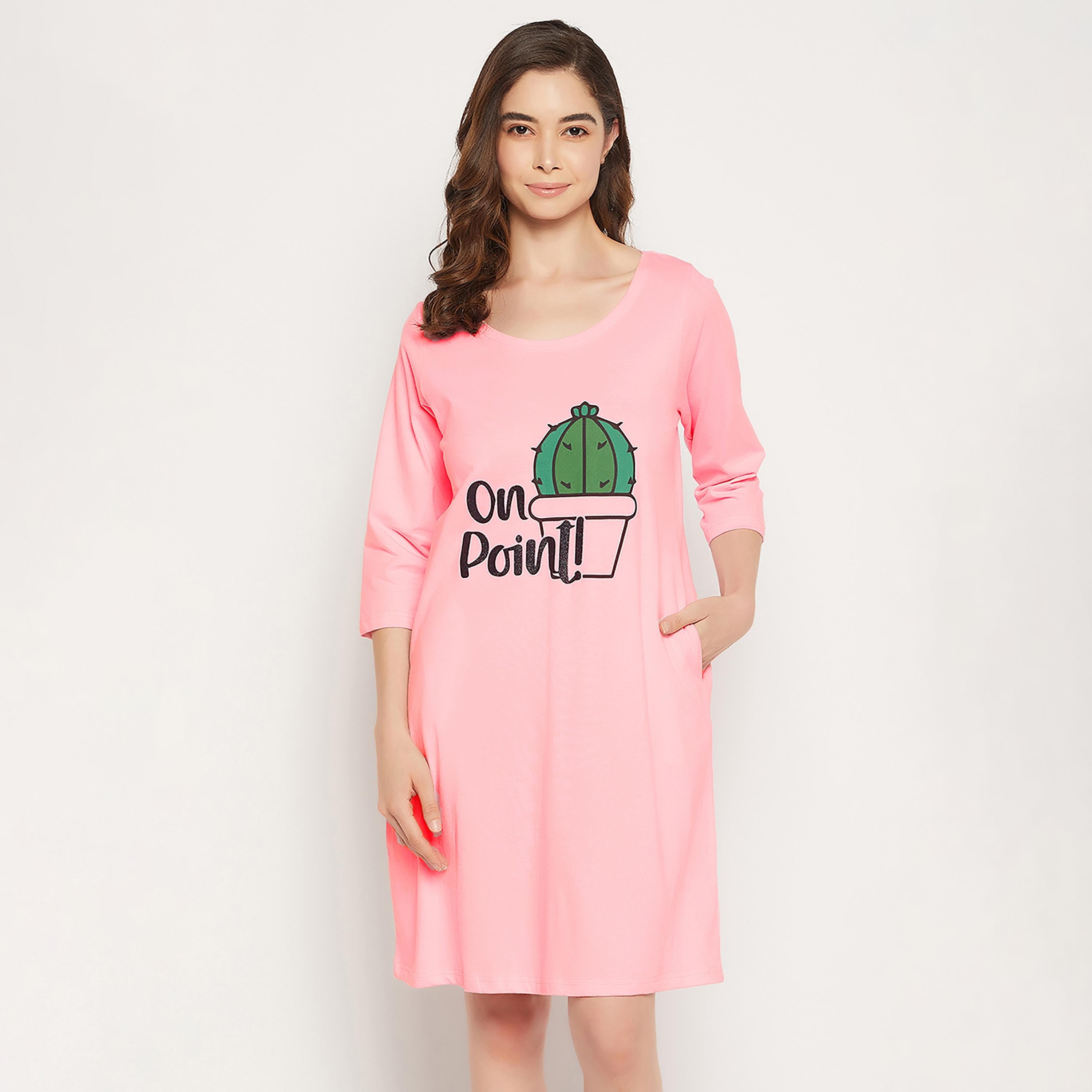 Clovia Cactus Print Short Women's Night Dress in Baby Pink - Pure Cotton-women-clothing-nightwear-nighties-image-1