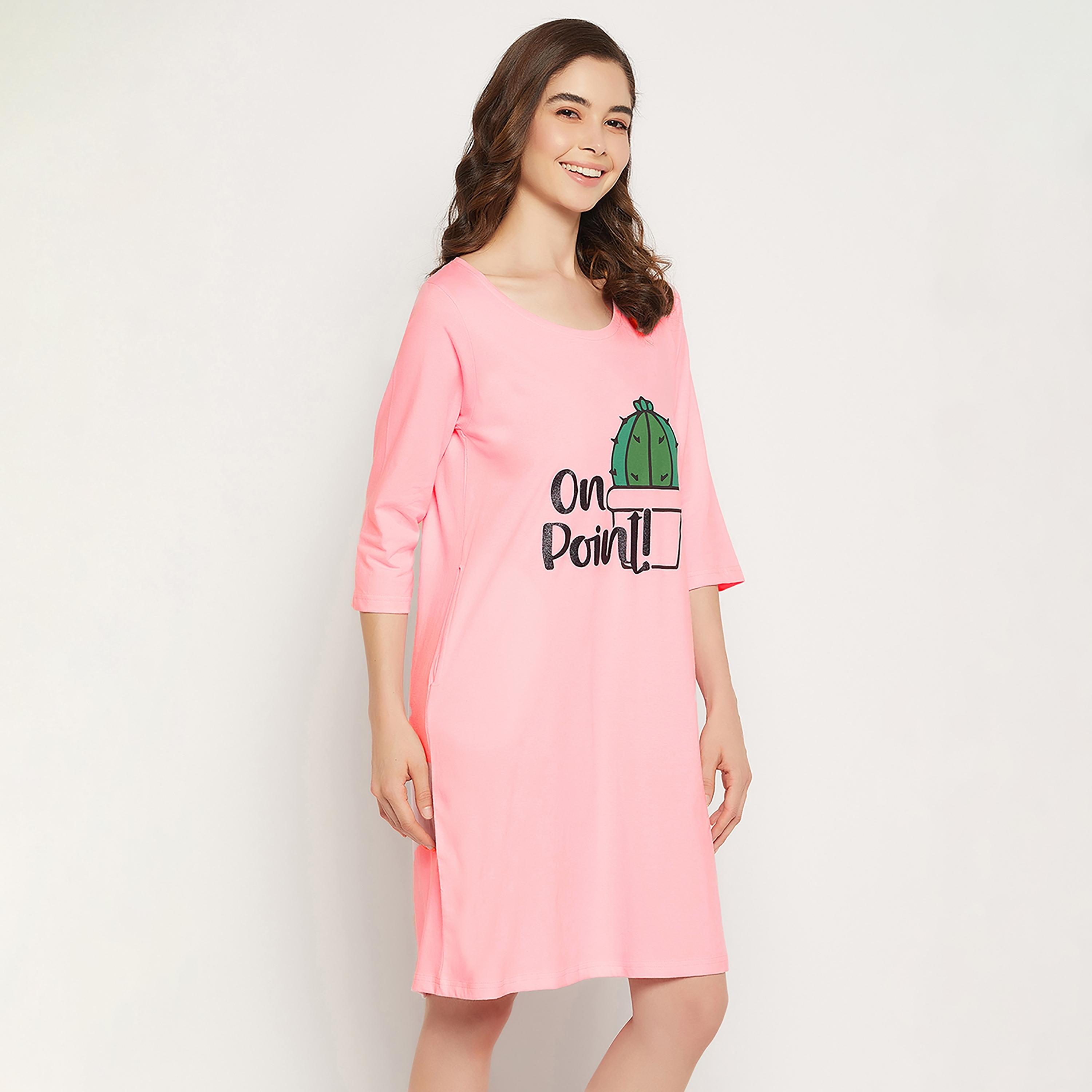 Clovia Cactus Print Short Women's Night Dress in Baby Pink - Pure Cotton-women-clothing-nightwear-nighties-image-2