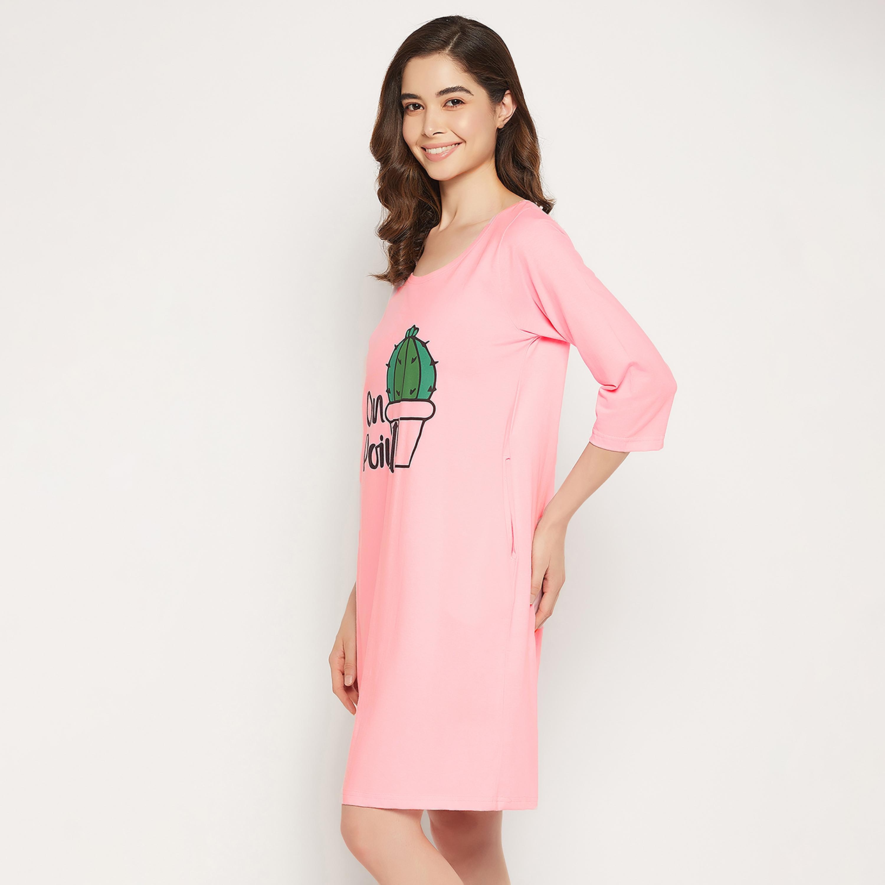 Clovia Cactus Print Short Women's Night Dress in Baby Pink - Pure Cotton-women-clothing-nightwear-nighties-image-3