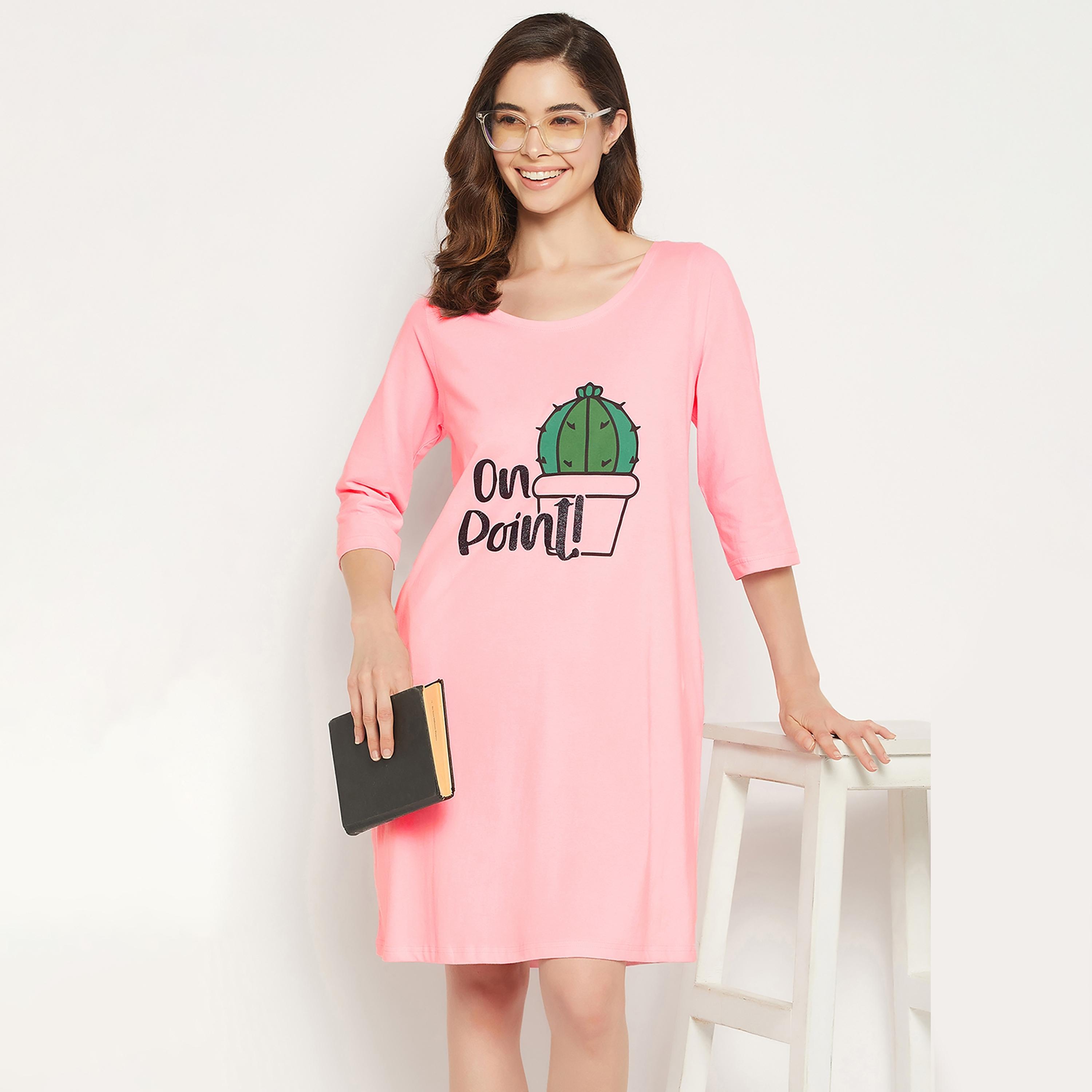 Clovia Cactus Print Short Women's Night Dress in Baby Pink - Pure Cotton-women-clothing-nightwear-nighties-image-6