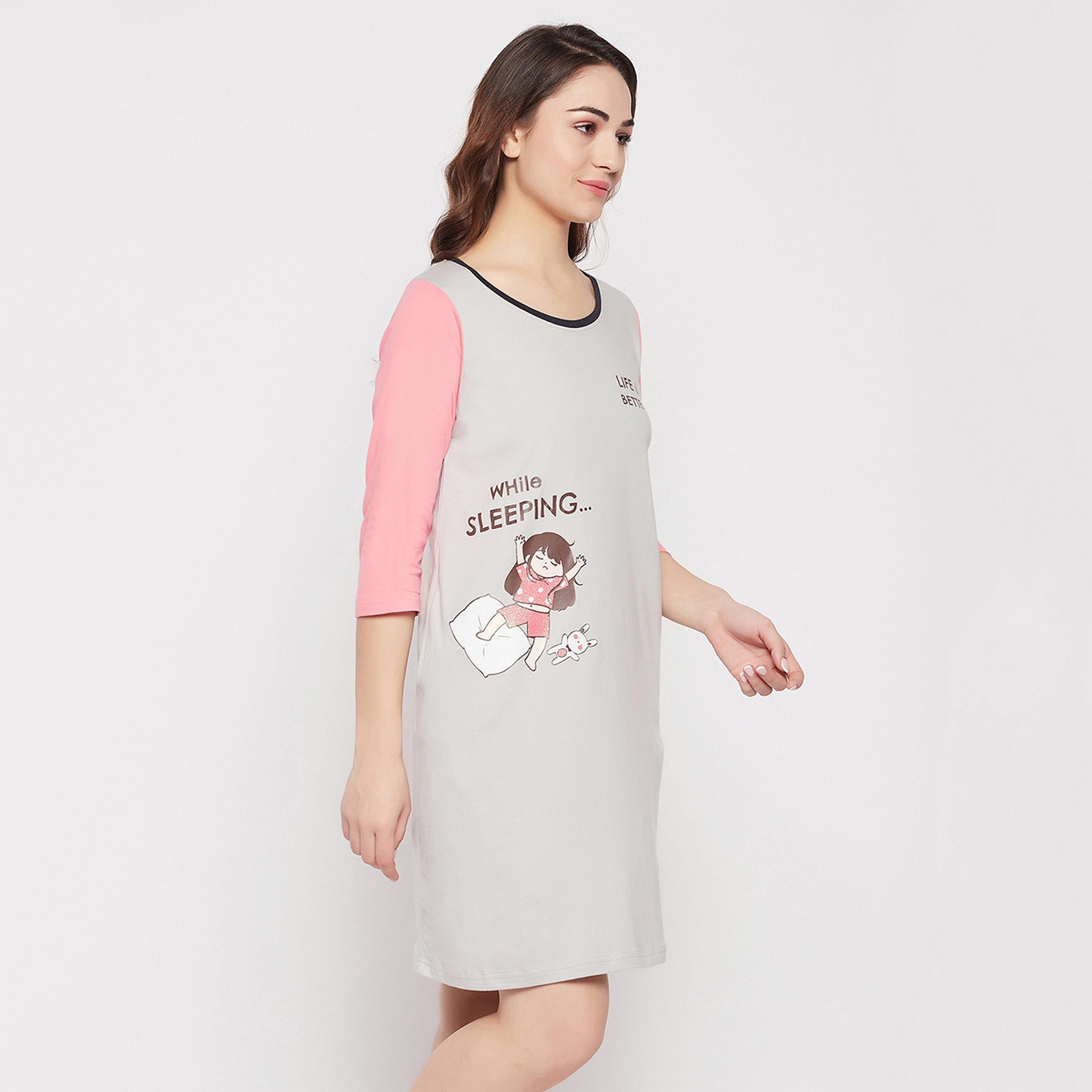 Clovia Women's Quirky Quotes Colourblocked Long Sleep Tee in Grey - Pure Cotton-women-clothing-nightwear-nighties-image-4