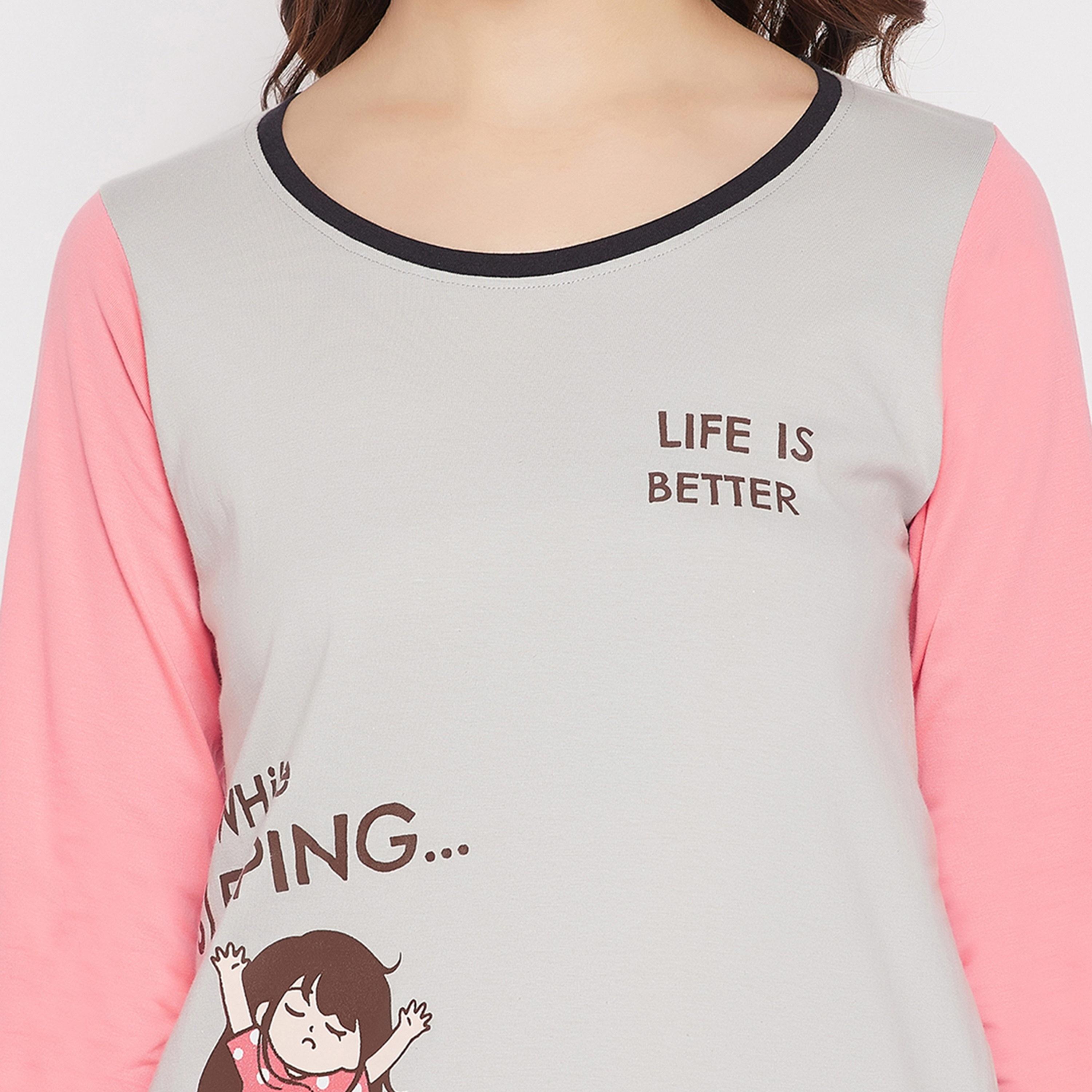 Clovia Women's Quirky Quotes Colourblocked Long Sleep Tee in Grey - Pure Cotton-women-clothing-nightwear-nighties-image-6