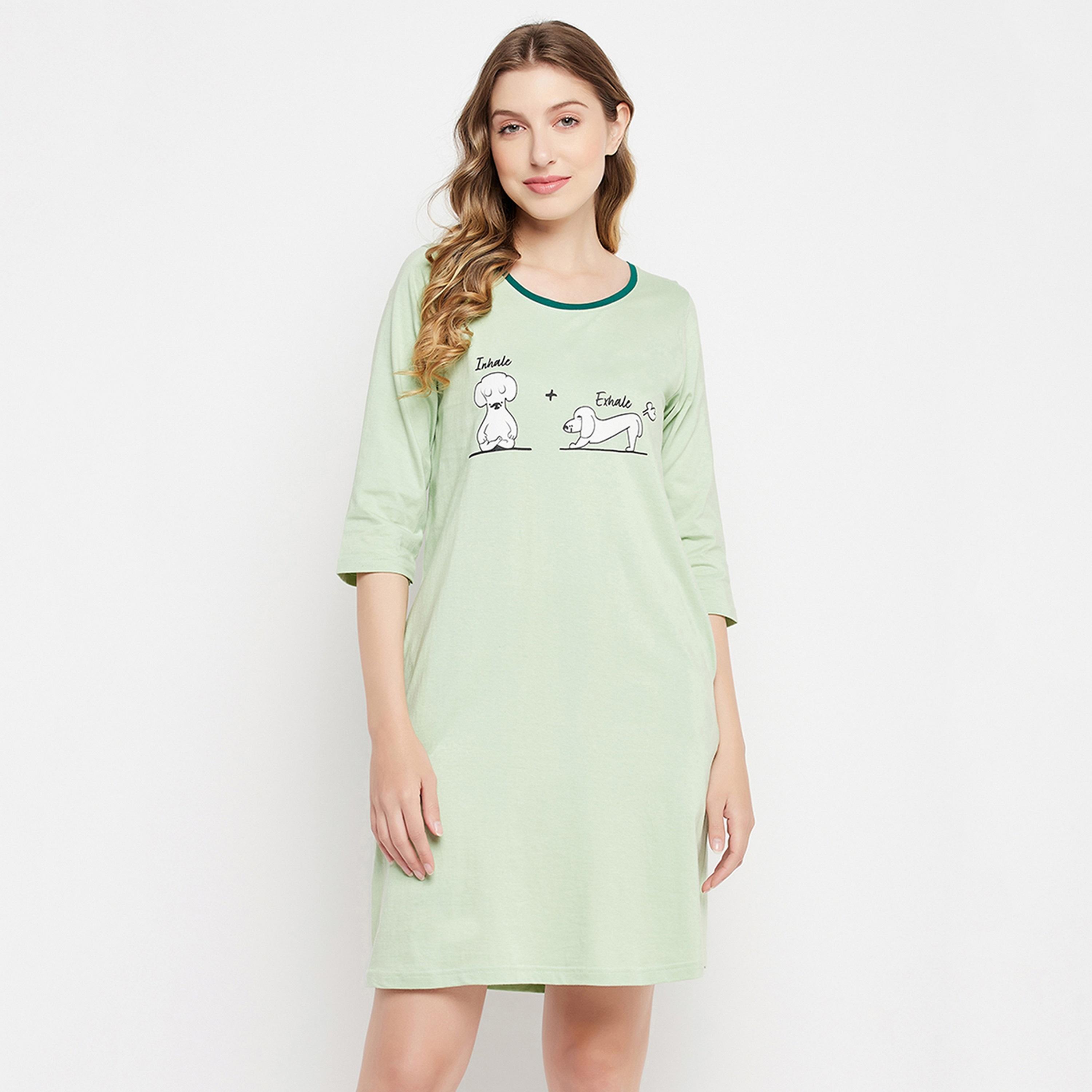 Clovia Women's Graphic & Text Print Night Dress in Mint Green - Pure Cotton-women-clothing-nightwear-nighties-image-1