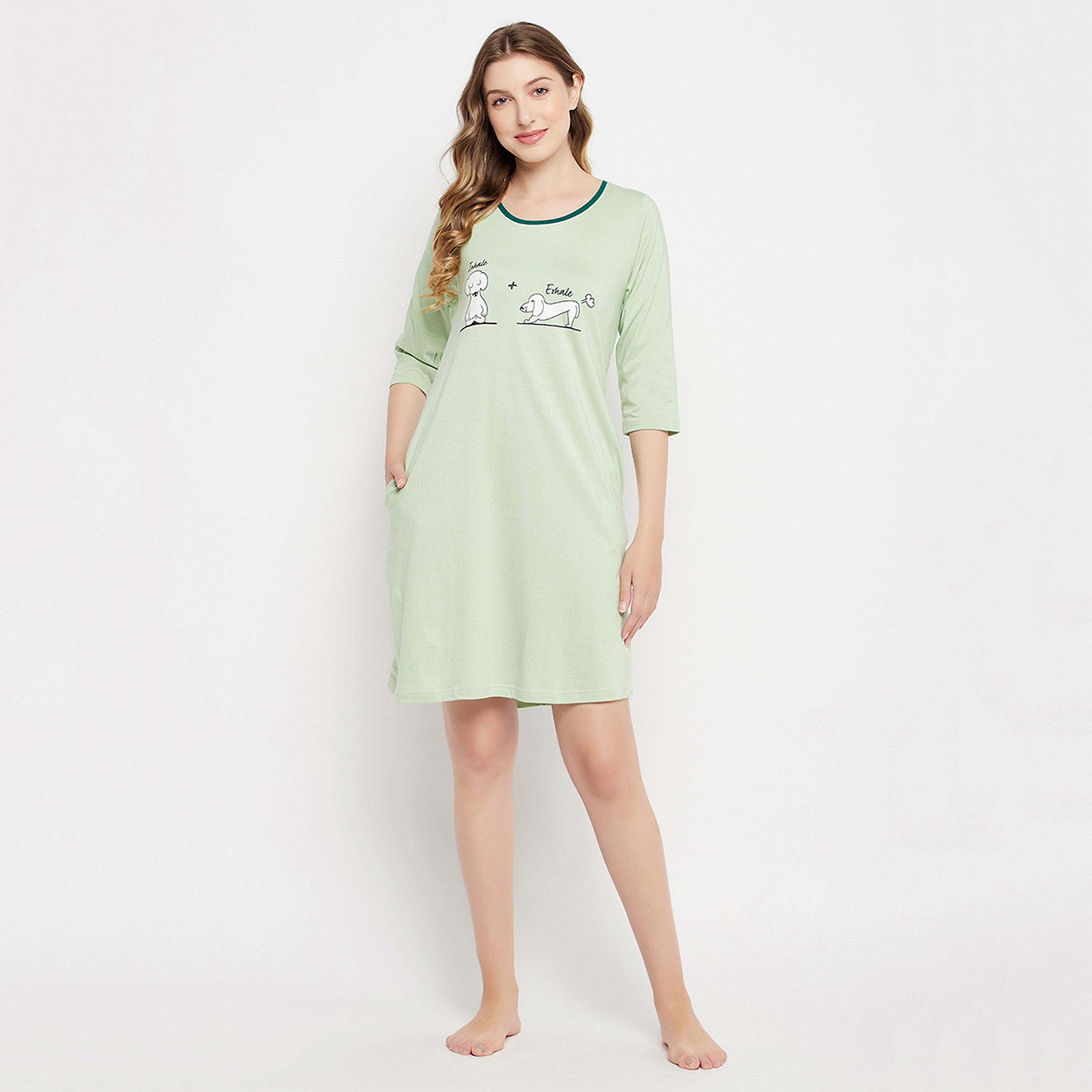 Clovia Women's Graphic & Text Print Night Dress in Mint Green - Pure Cotton-women-clothing-nightwear-nighties-image-2