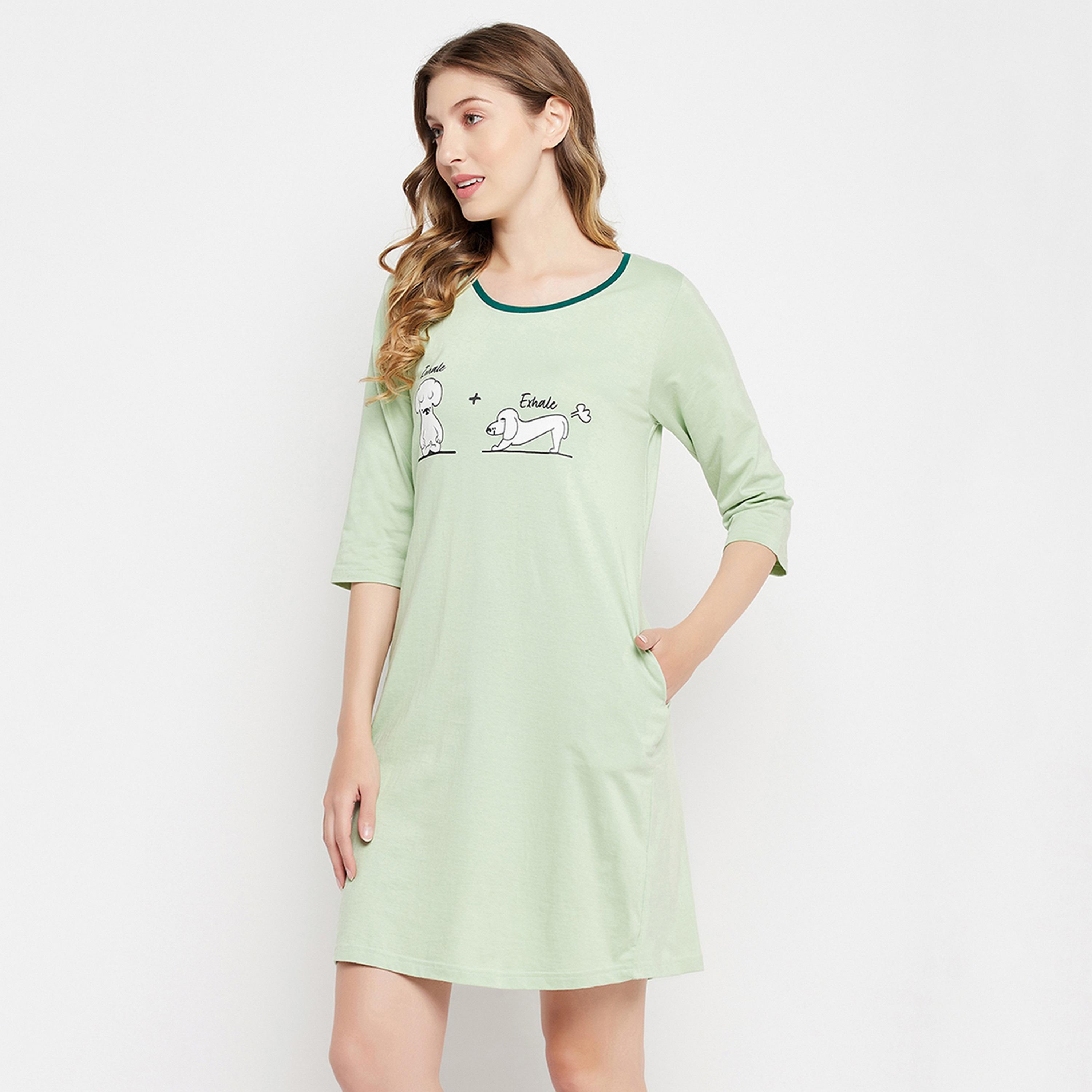 Clovia Women's Graphic & Text Print Night Dress in Mint Green - Pure Cotton-women-clothing-nightwear-nighties-image-3
