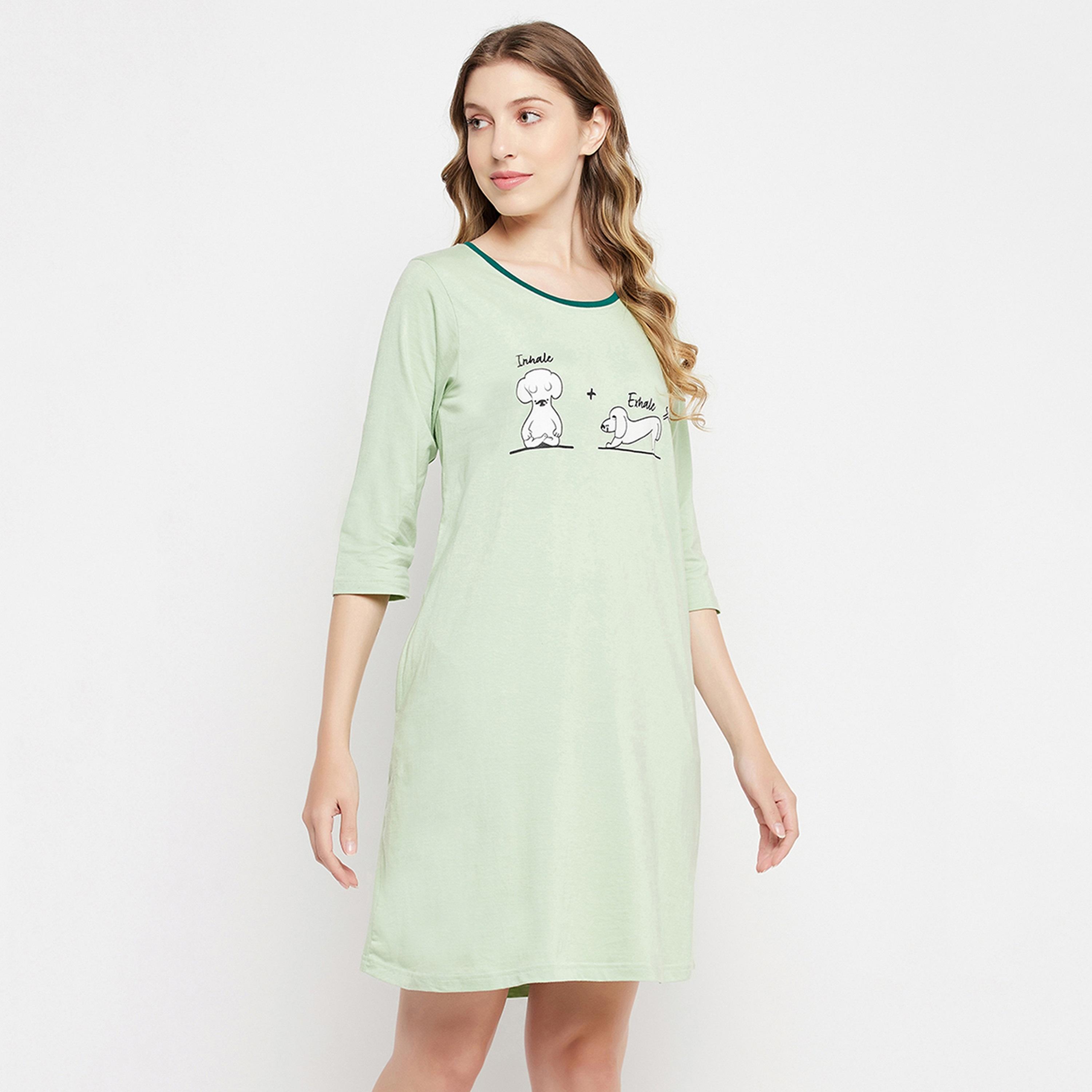 Clovia Women's Graphic & Text Print Night Dress in Mint Green - Pure Cotton-women-clothing-nightwear-nighties-image-4