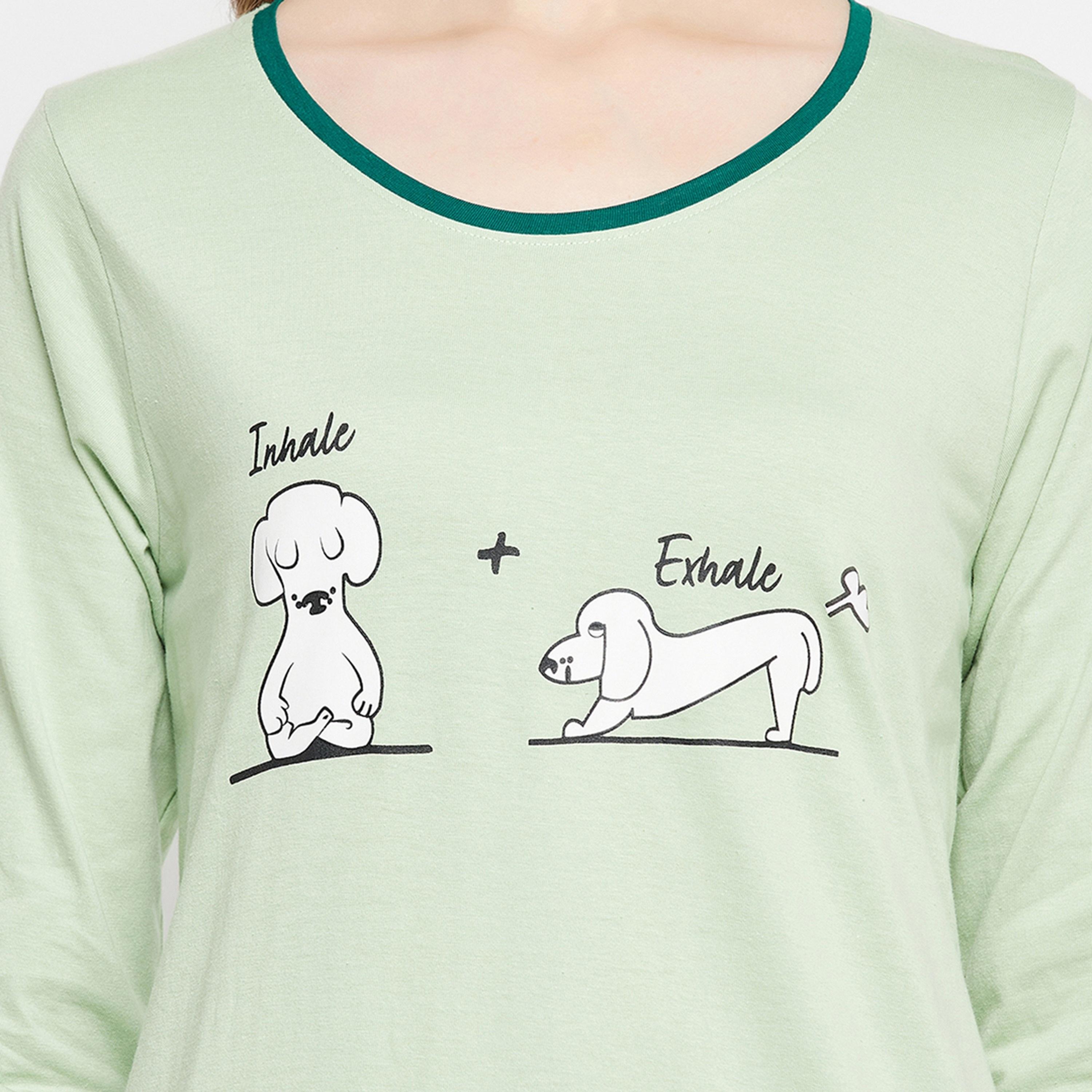 Clovia Women's Graphic & Text Print Night Dress in Mint Green - Pure Cotton-women-clothing-nightwear-nighties-image-7