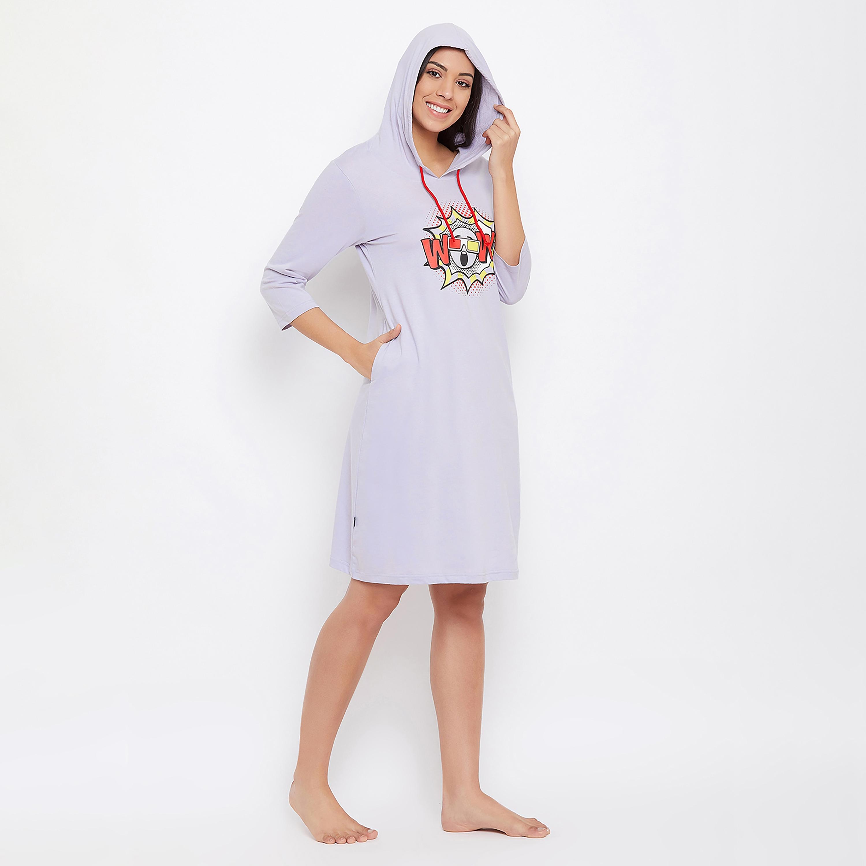 Clovia Graphic Knee Length Hooded Night Dress-women-clothing-nightwear-nighties-image-4