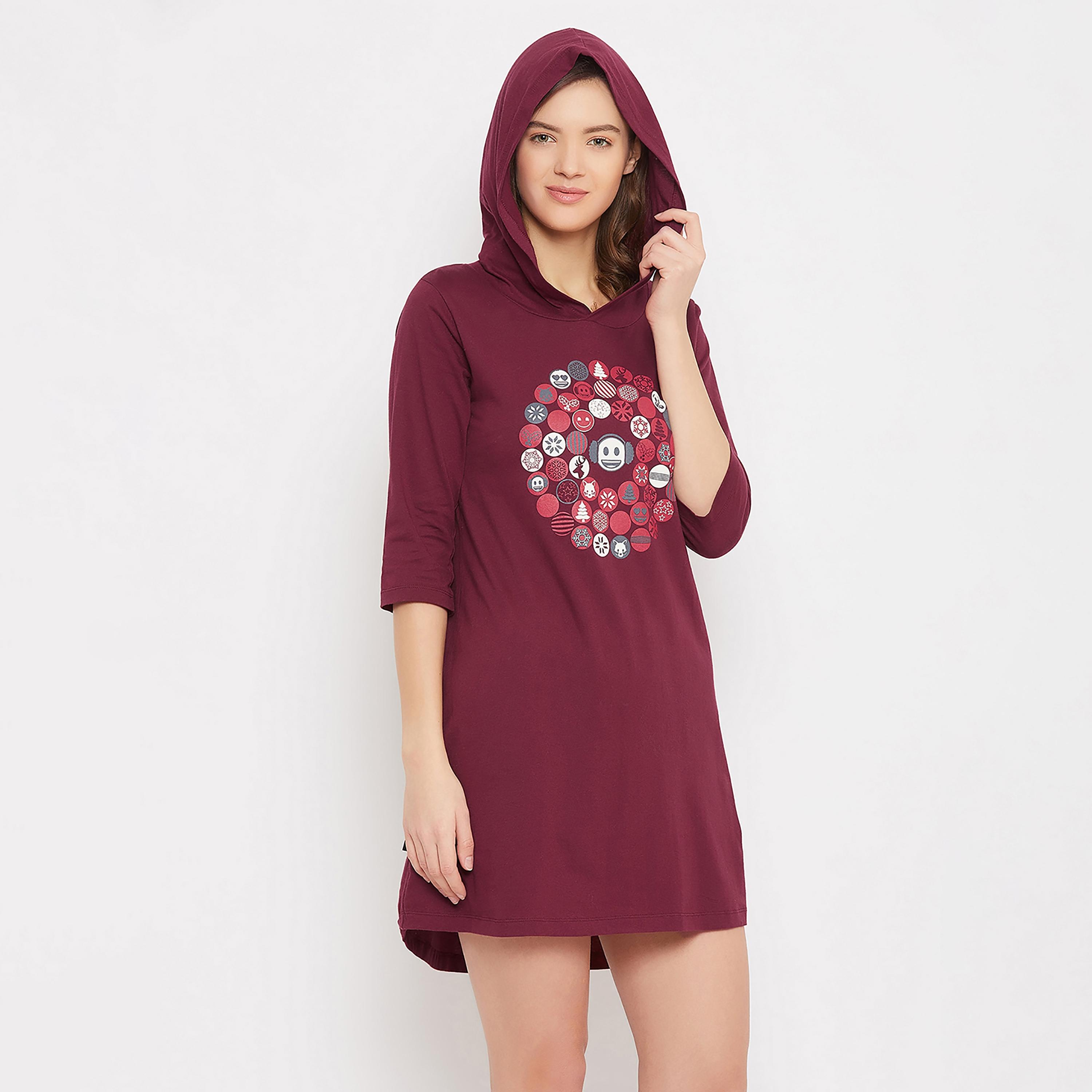 Clovia Printed Hooded Night Dress-women-clothing-nightwear-nighties-image-4