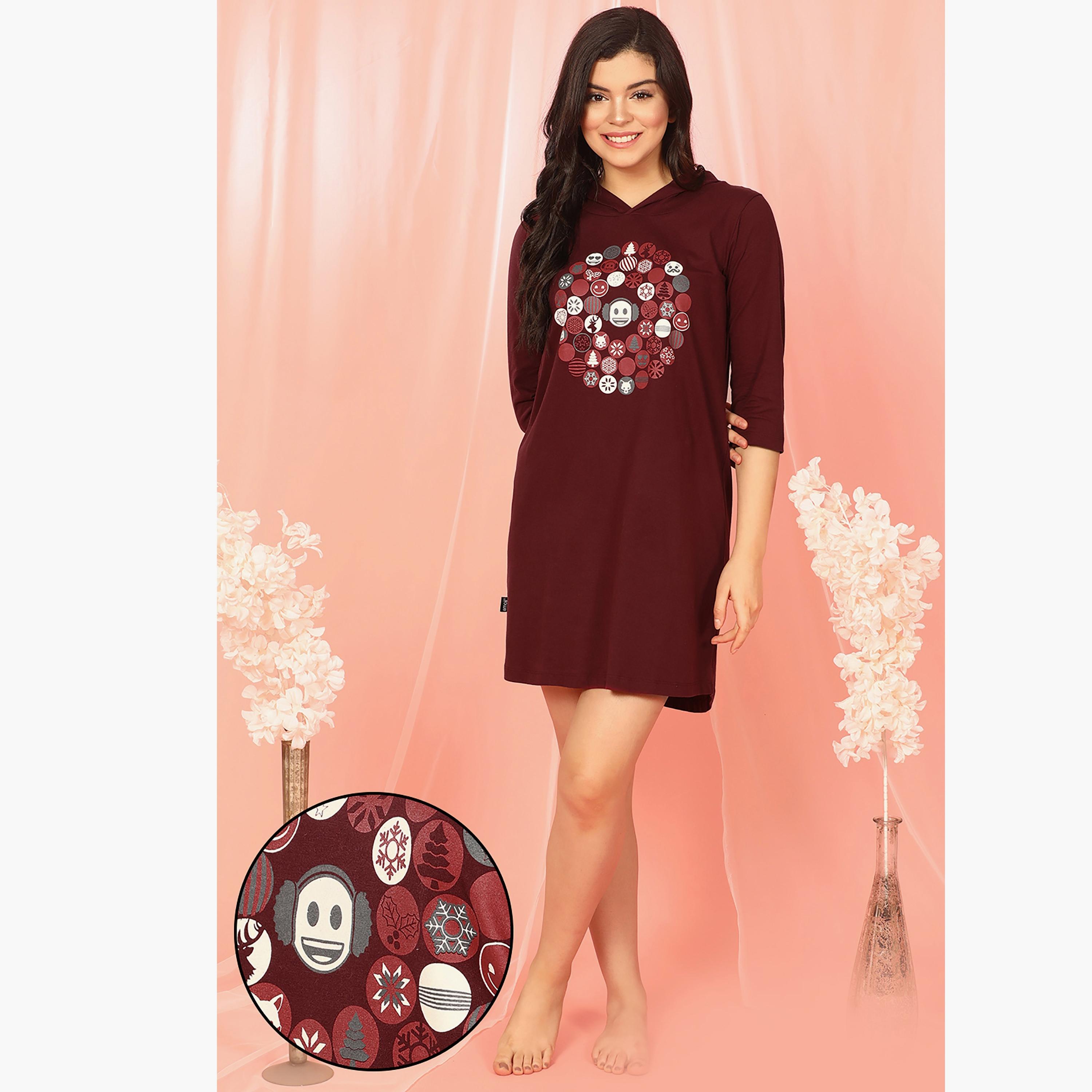 Clovia Printed Hooded Night Dress-women-clothing-nightwear-nighties-image-1