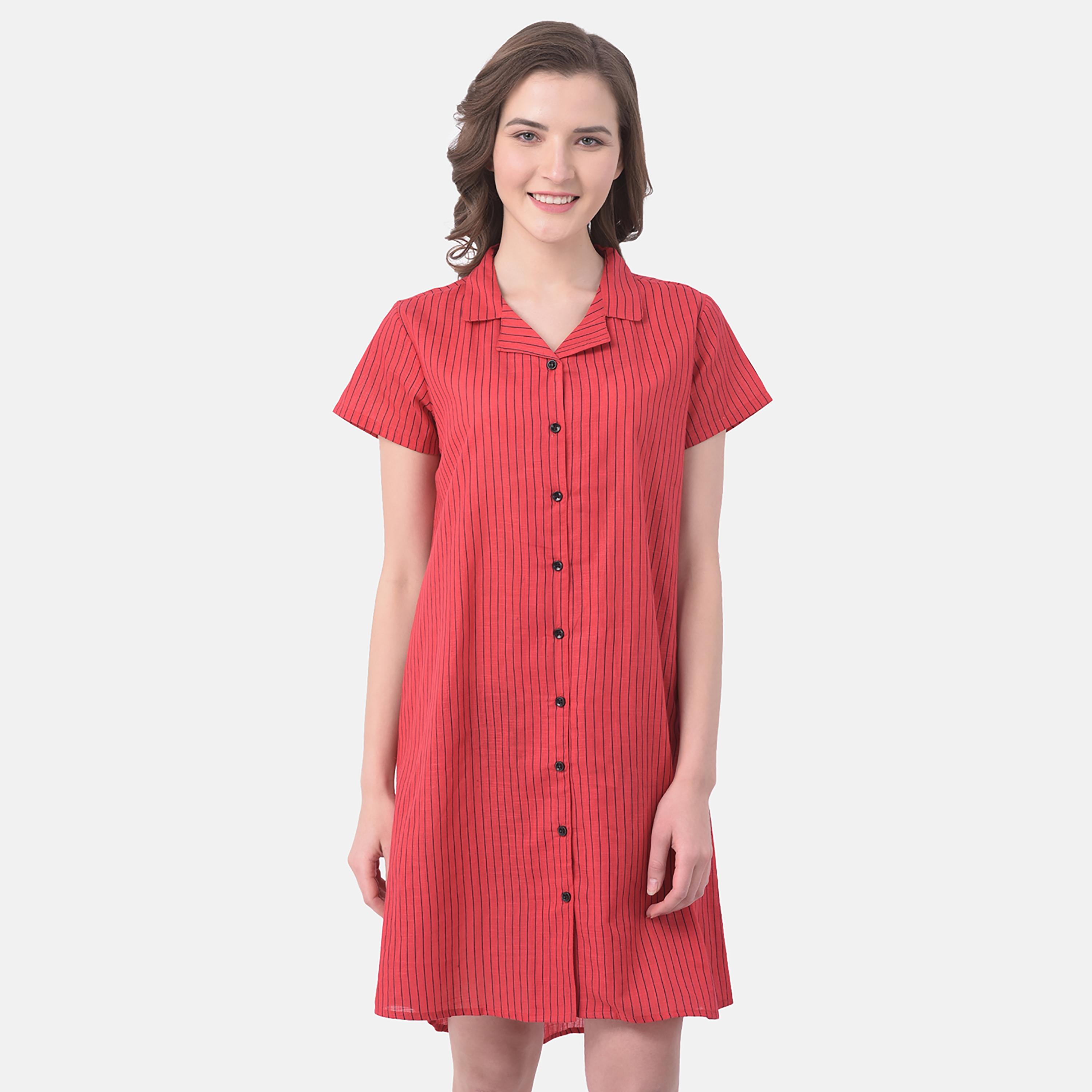 Clovia Stripes Collared Sleepshirt with Button Closure-women-clothing-nightwear-nighties-image-2
