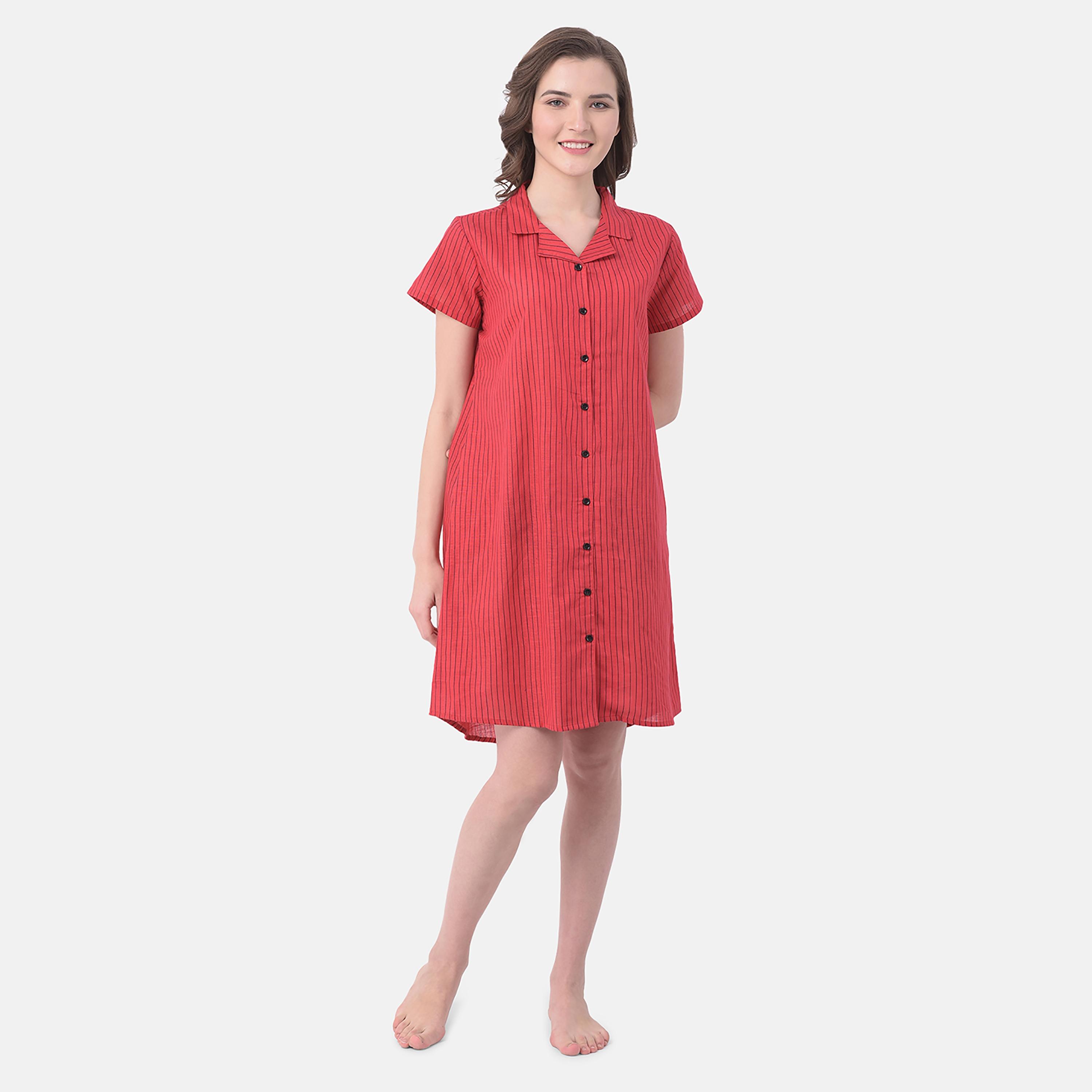 Clovia Stripes Collared Sleepshirt with Button Closure-women-clothing-nightwear-nighties-image-3