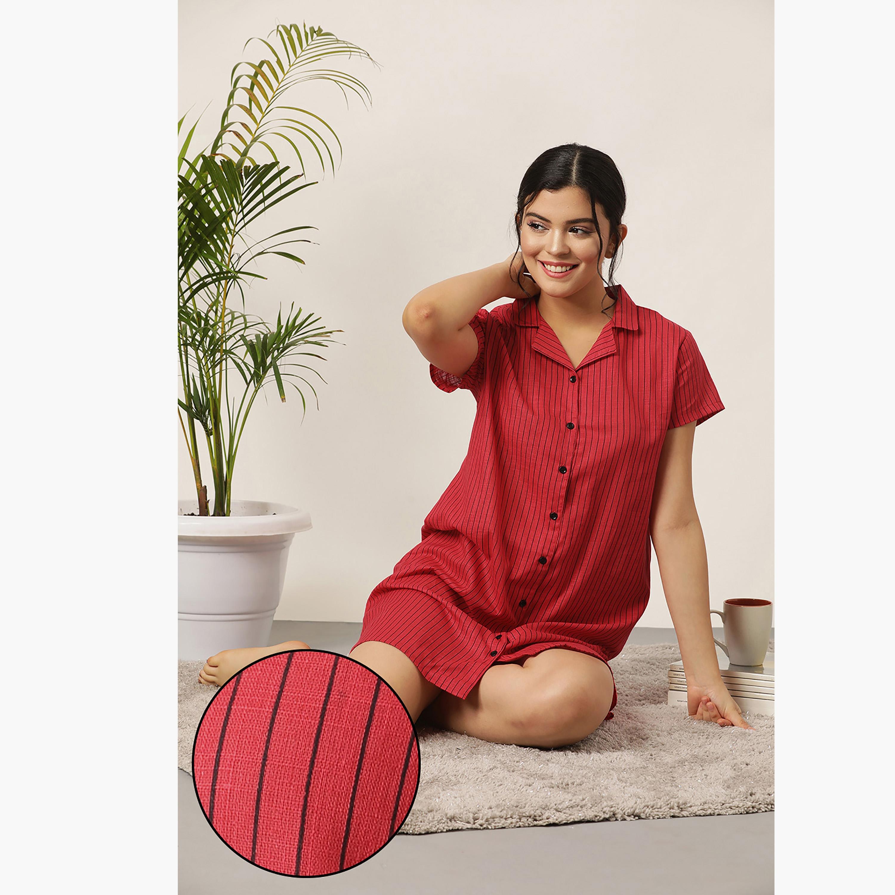 Clovia Stripes Collared Sleepshirt with Button Closure-women-clothing-nightwear-nighties-image-1