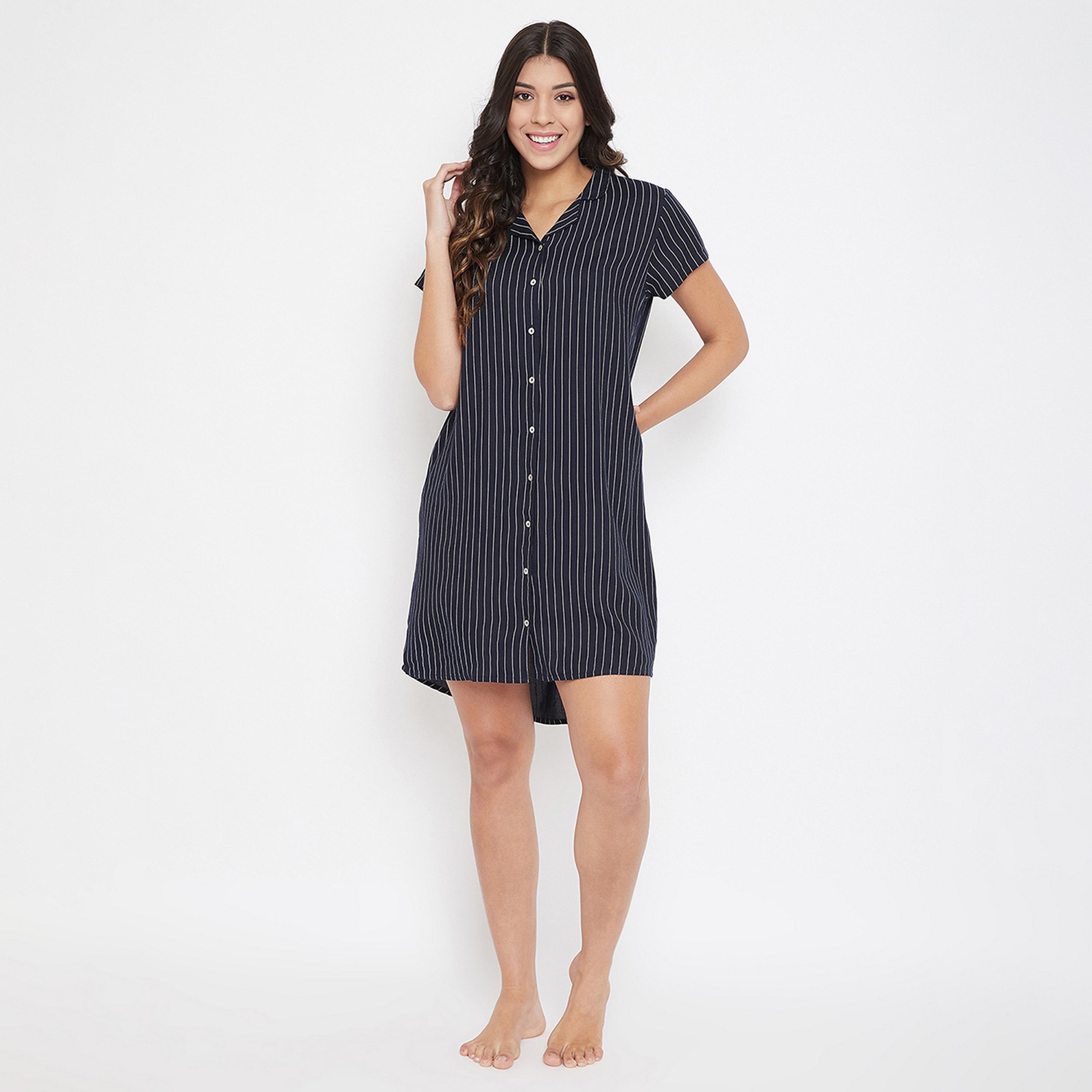 Clovia Button Me Up Sassy Stripes Women's Short Night Dress in Navy - Pure Cotton-women-clothing-nightwear-nighties-image-1