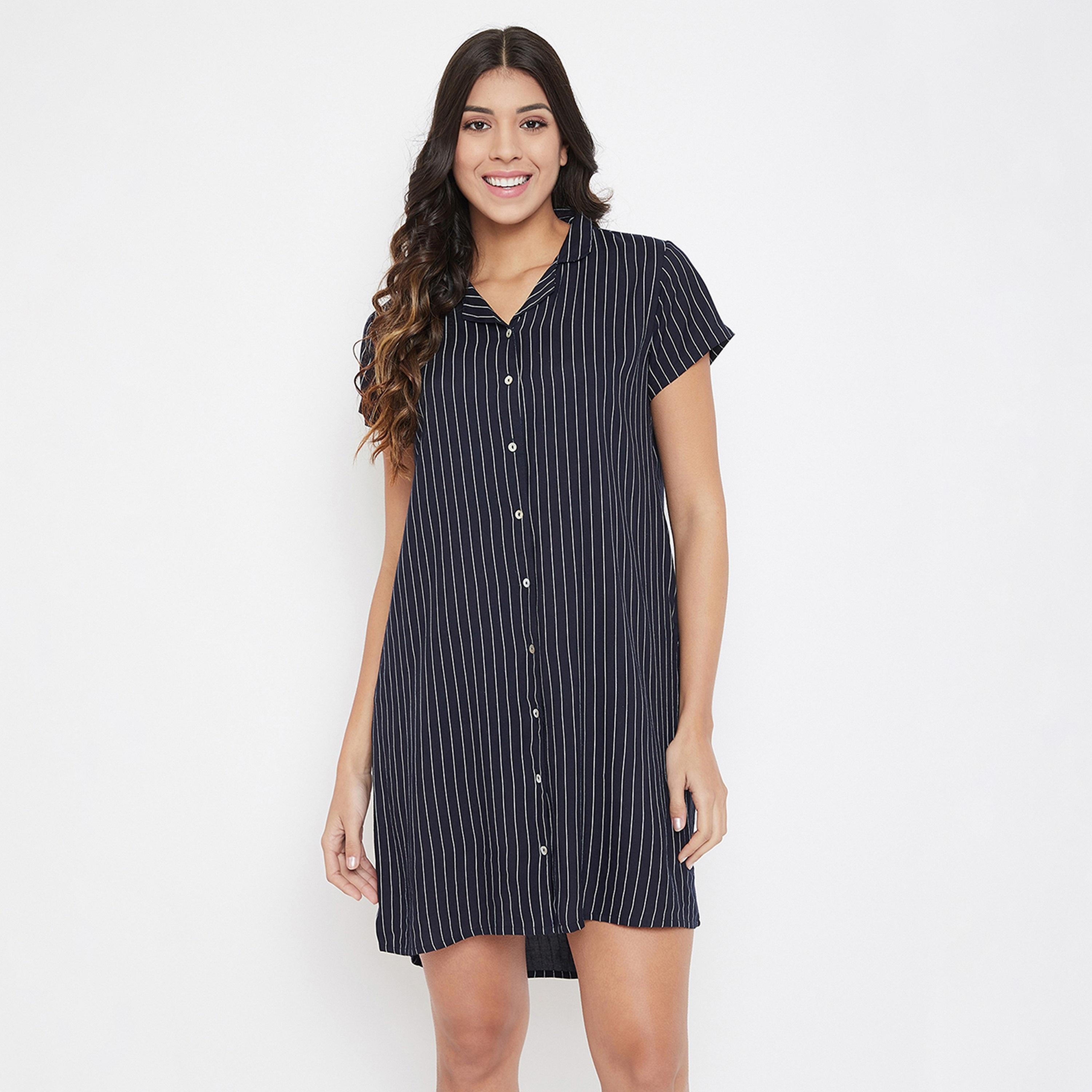 Clovia Button Me Up Sassy Stripes Women's Short Night Dress in Navy - Pure Cotton-women-clothing-nightwear-nighties-image-2