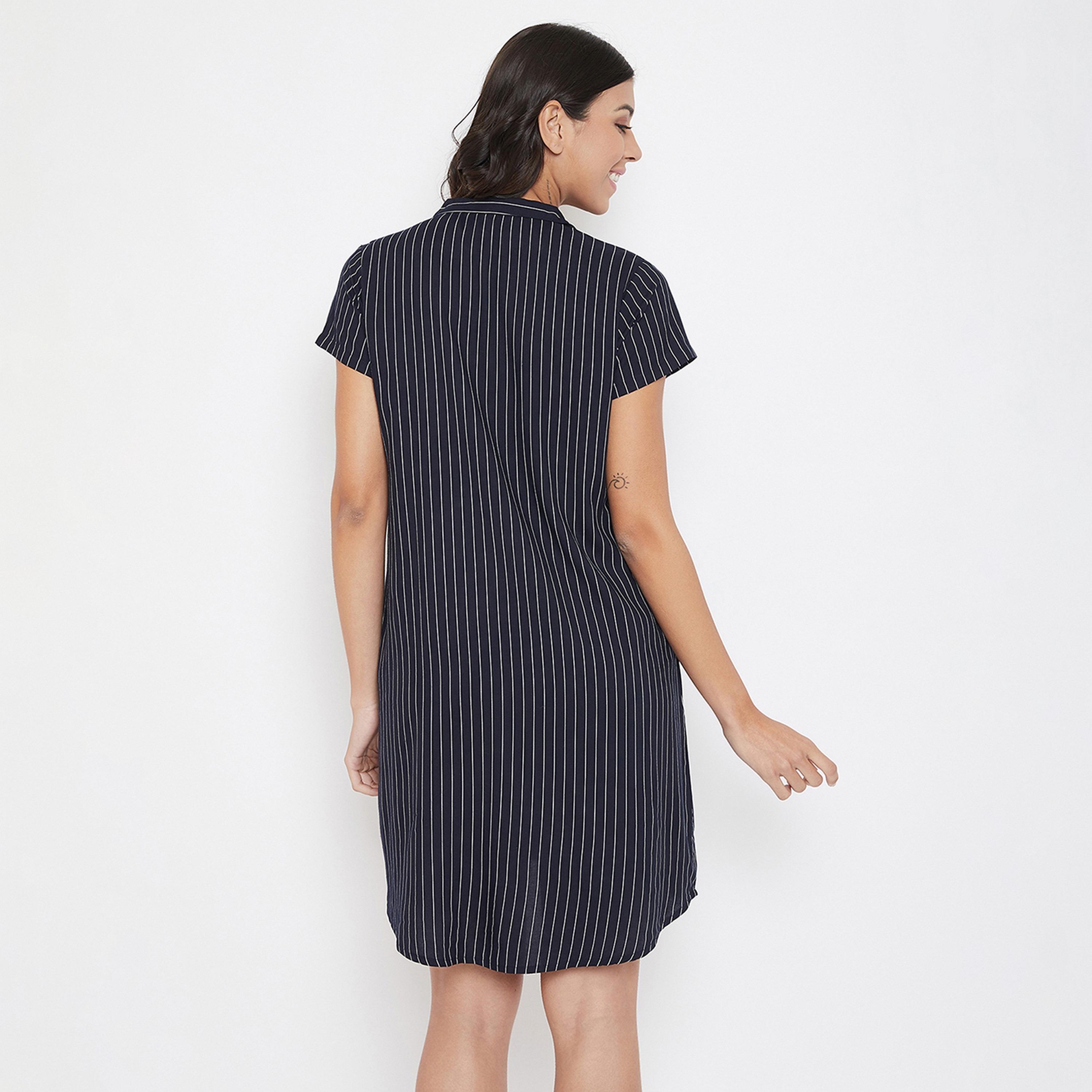Clovia Button Me Up Sassy Stripes Women's Short Night Dress in Navy - Pure Cotton-women-clothing-nightwear-nighties-image-5