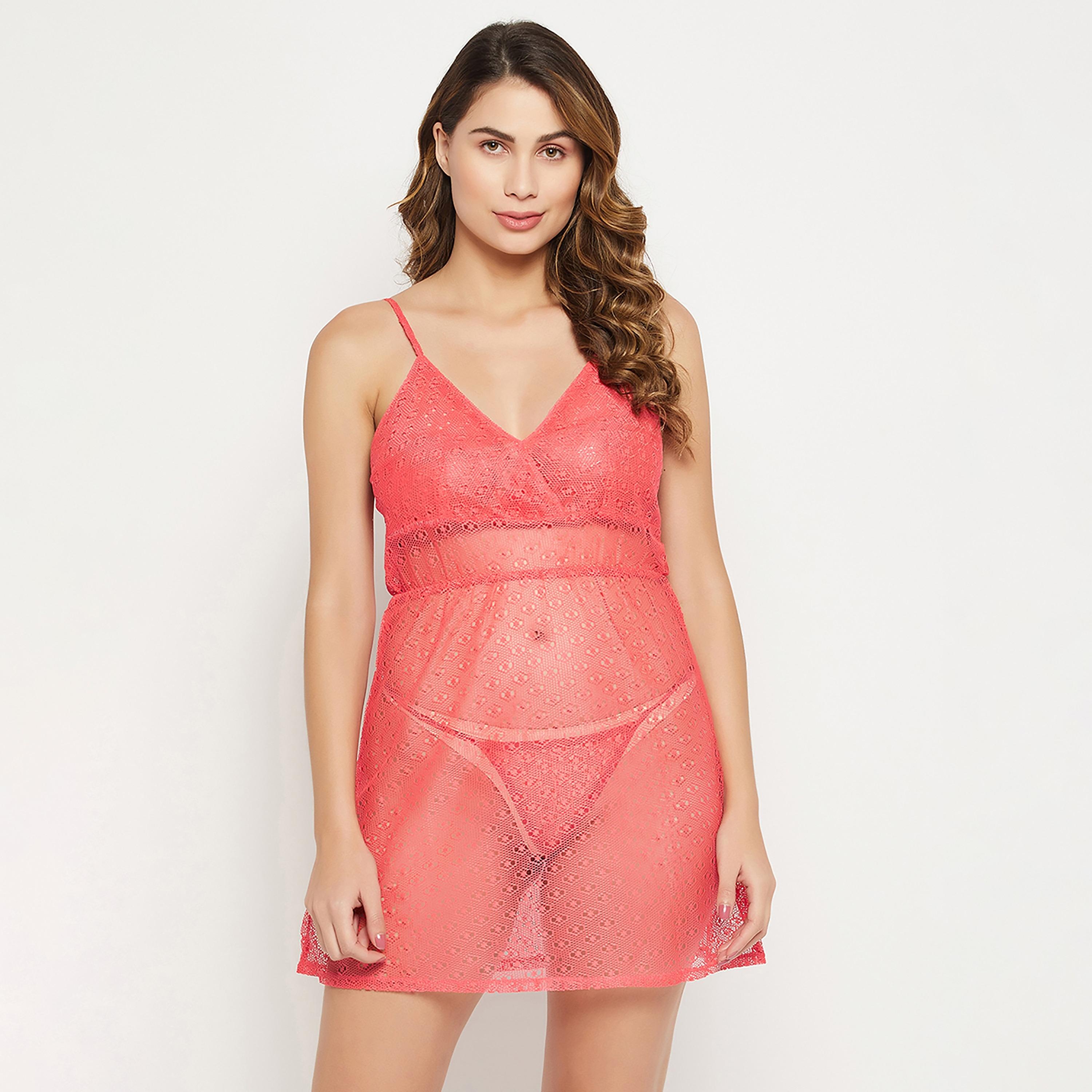 بيبي دول نسائي أنيق شبه شفاف باللون الوردي الخوخي مع خيط جي سترينج من كلوفيا - دانتيل-women-clothing-lingerie-babydollsandbodysuits-image-1