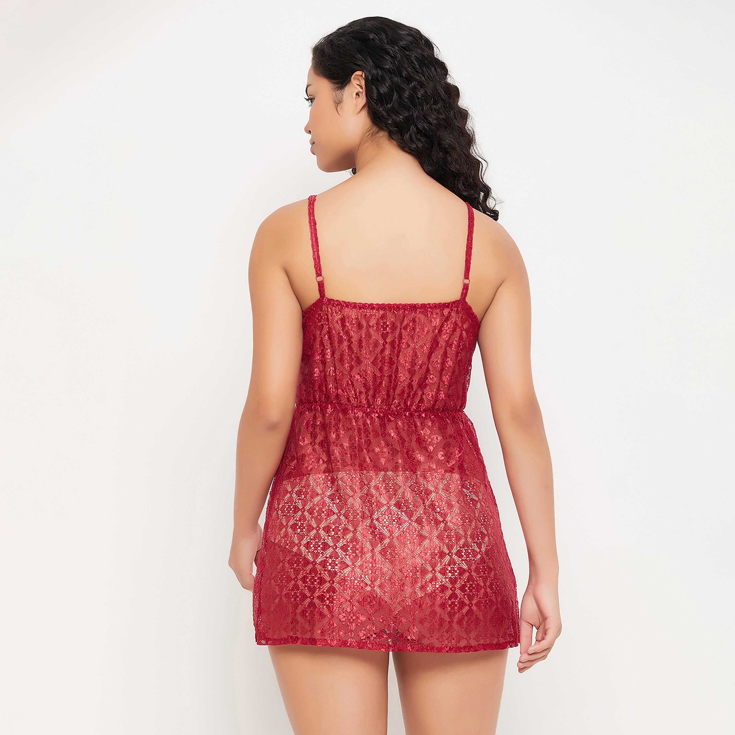 Clovia Embroidered Sheer Women's Babydoll with G-String in Maroon - Lace-women-clothing-lingerie-babydollsandbodysuits-image-5