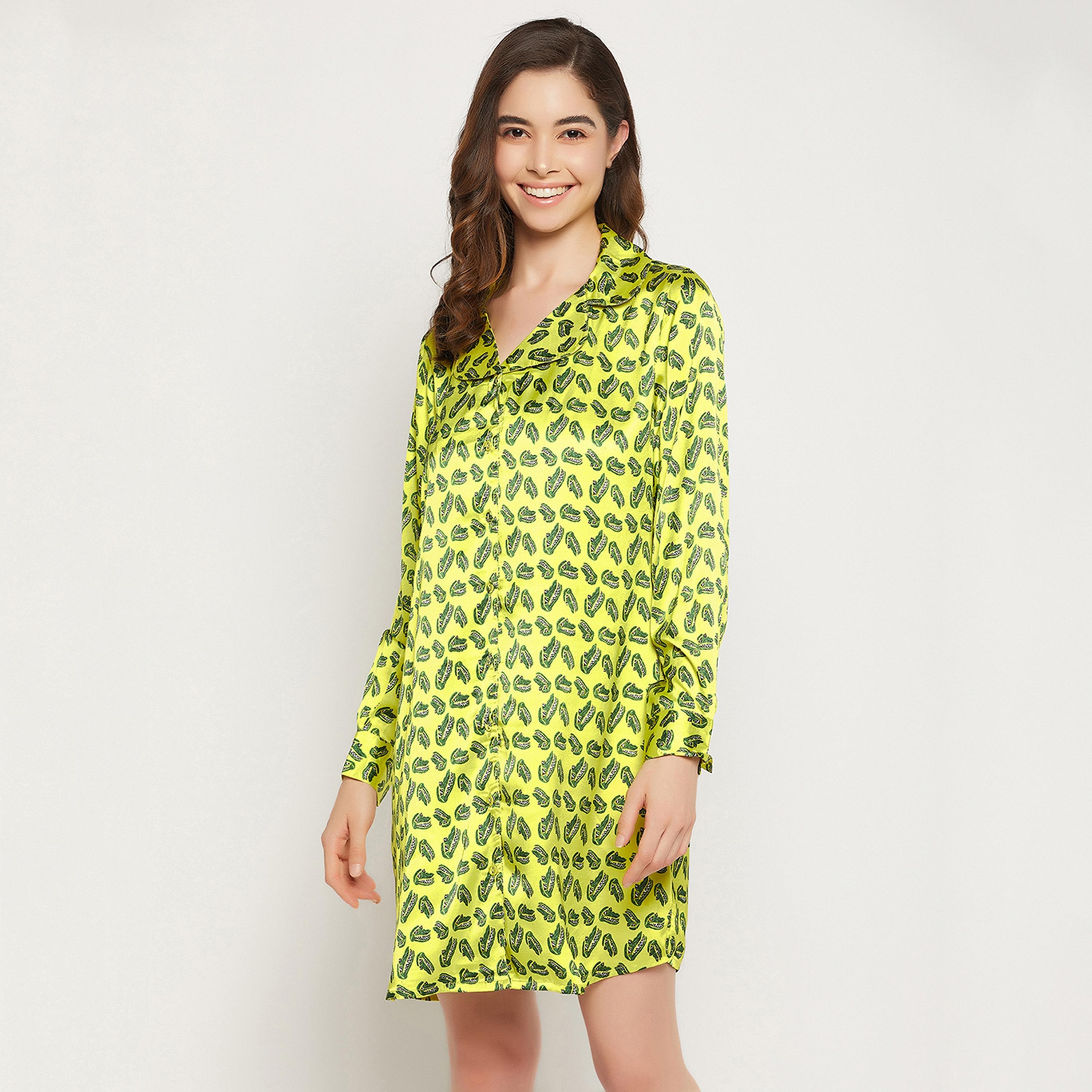 Clovia Women's Crocodile Print Button Down Sleep Shirt in Yellow - Satin-women-clothing-nightwear-nighties-image-1
