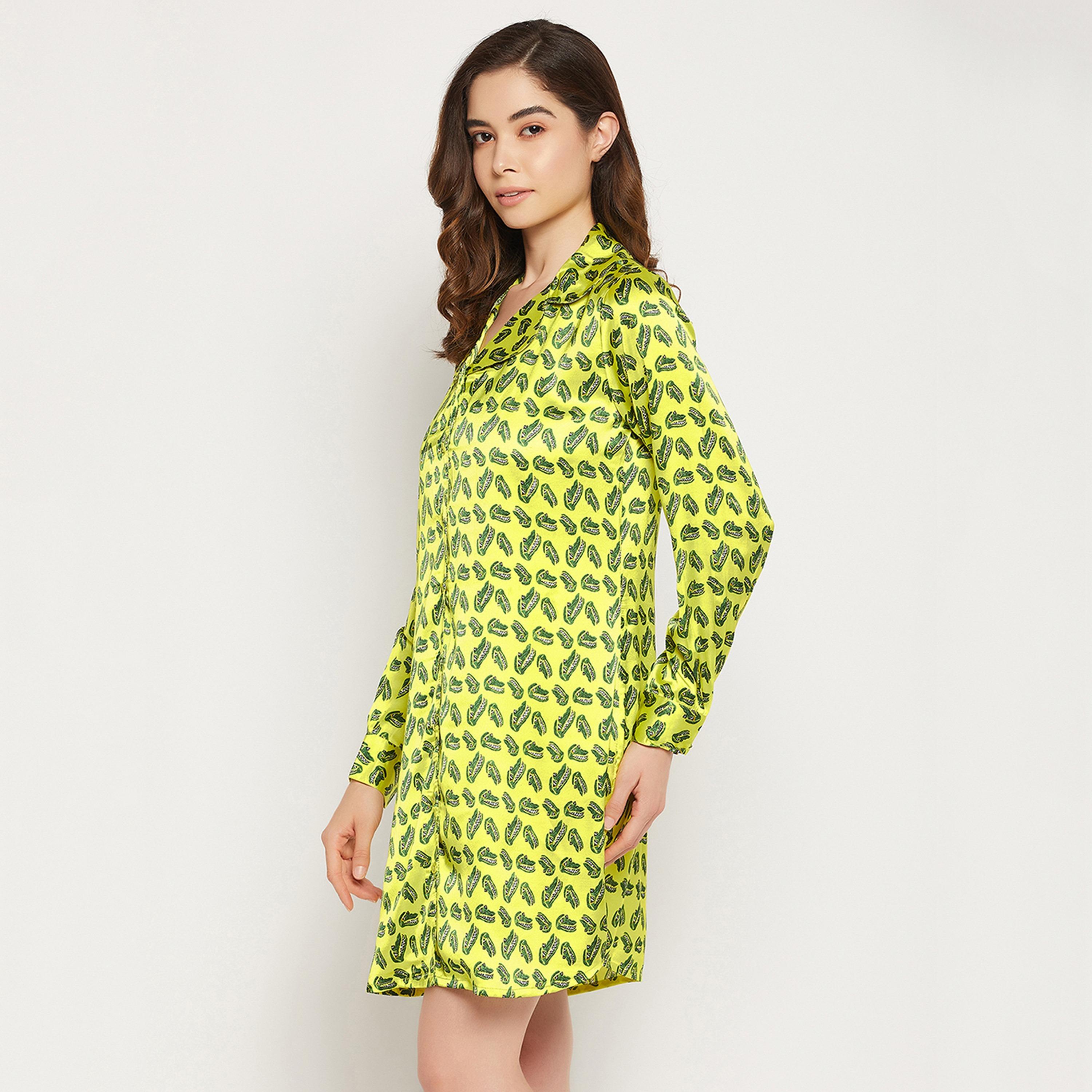 Clovia Women's Crocodile Print Button Down Sleep Shirt in Yellow - Satin-women-clothing-nightwear-nighties-image-3