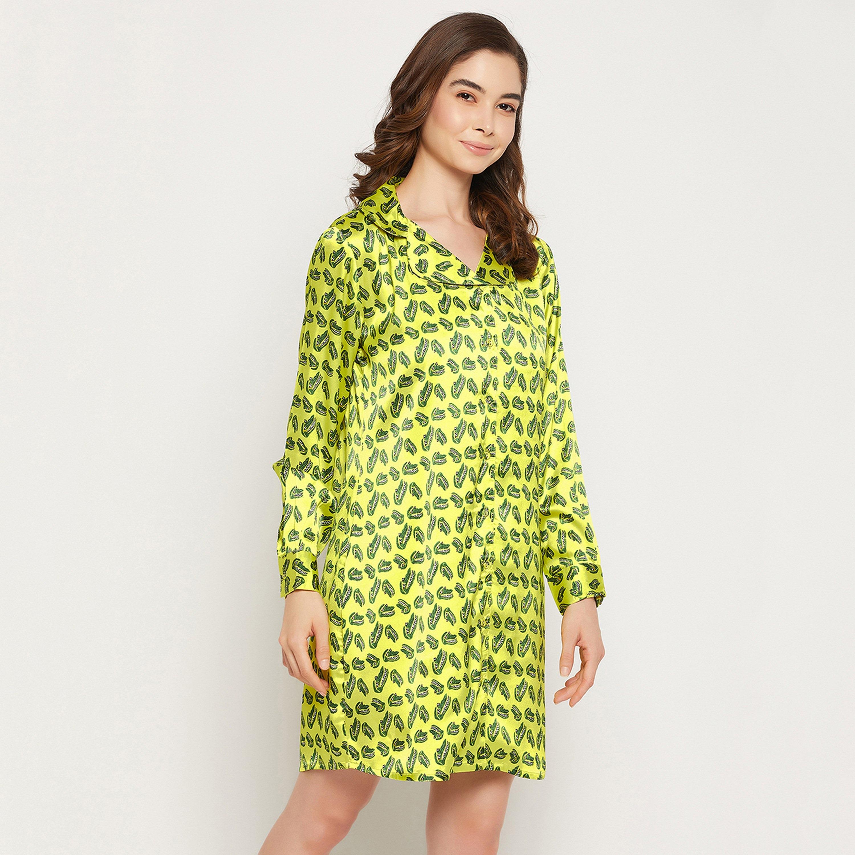 Clovia Women's Crocodile Print Button Down Sleep Shirt in Yellow - Satin-women-clothing-nightwear-nighties-image-4