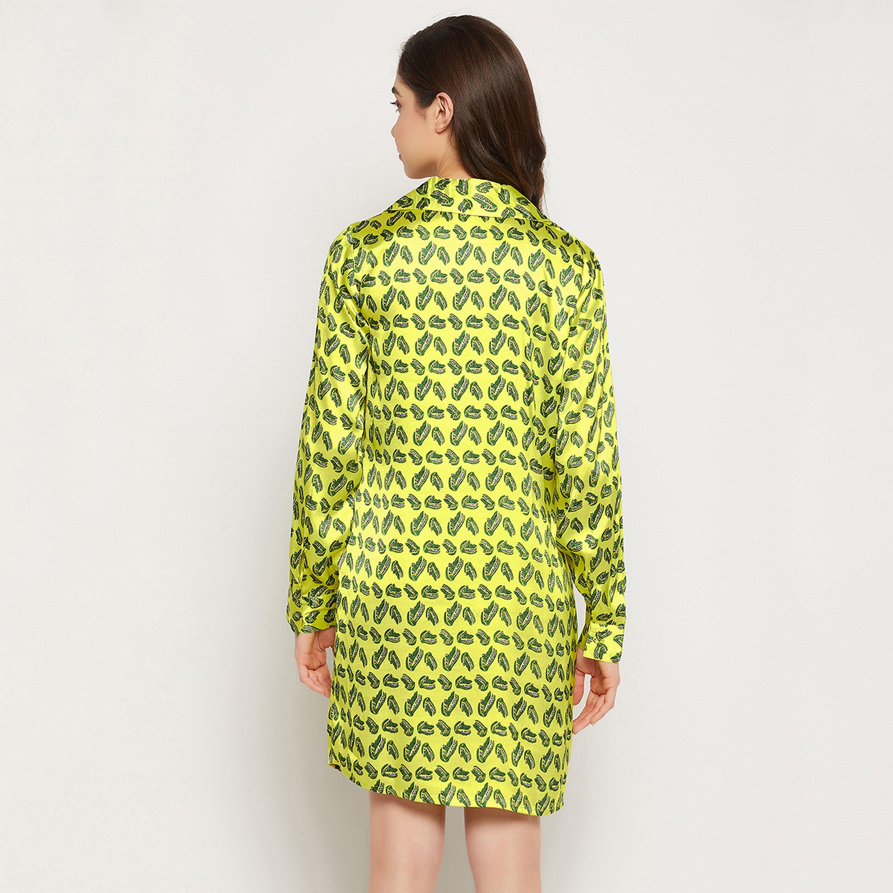 Clovia Women's Crocodile Print Button Down Sleep Shirt in Yellow - Satin-women-clothing-nightwear-nighties-image-5