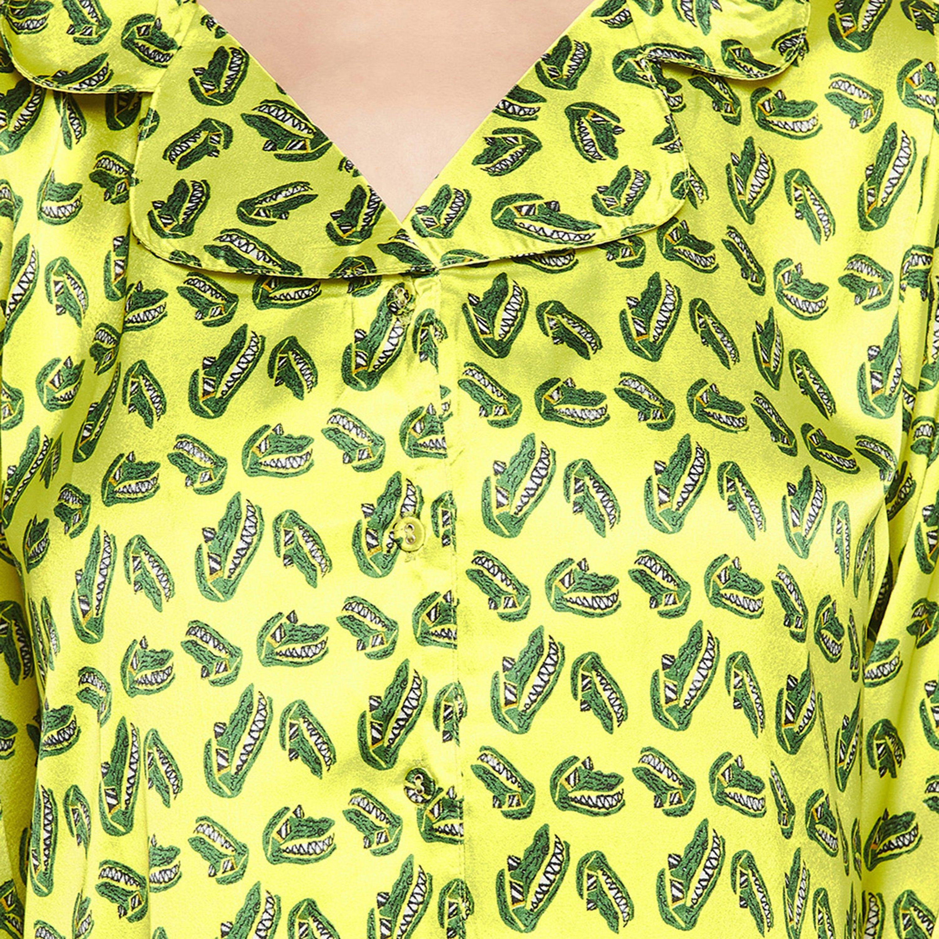 Clovia Women's Crocodile Print Button Down Sleep Shirt in Yellow - Satin-women-clothing-nightwear-nighties-image-6