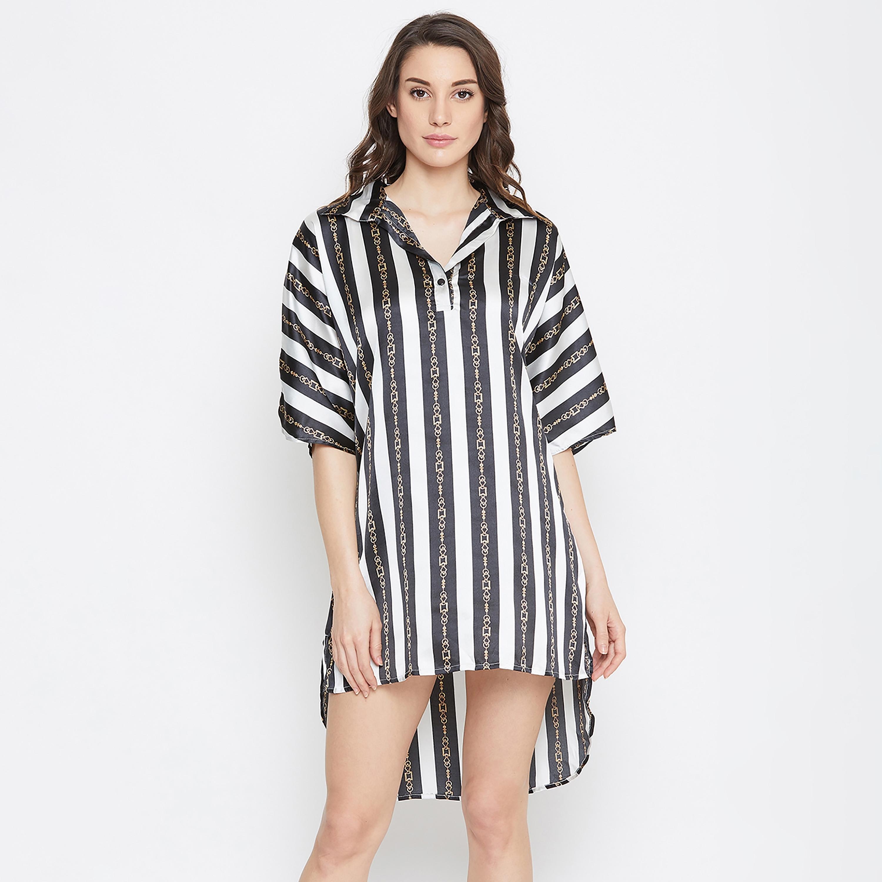 Clovia Stripes Collared Sleepshirt with Button Closure-women-clothing-nightwear-nighties-image-2