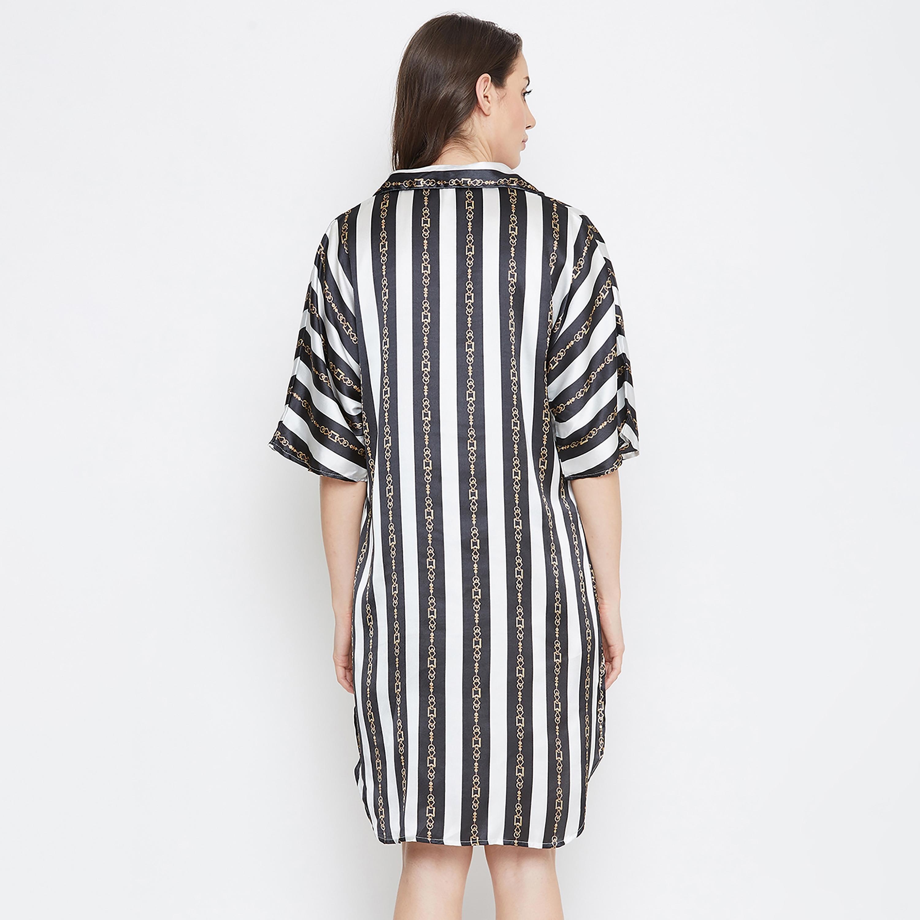 Clovia Stripes Collared Sleepshirt with Button Closure-women-clothing-nightwear-nighties-image-5