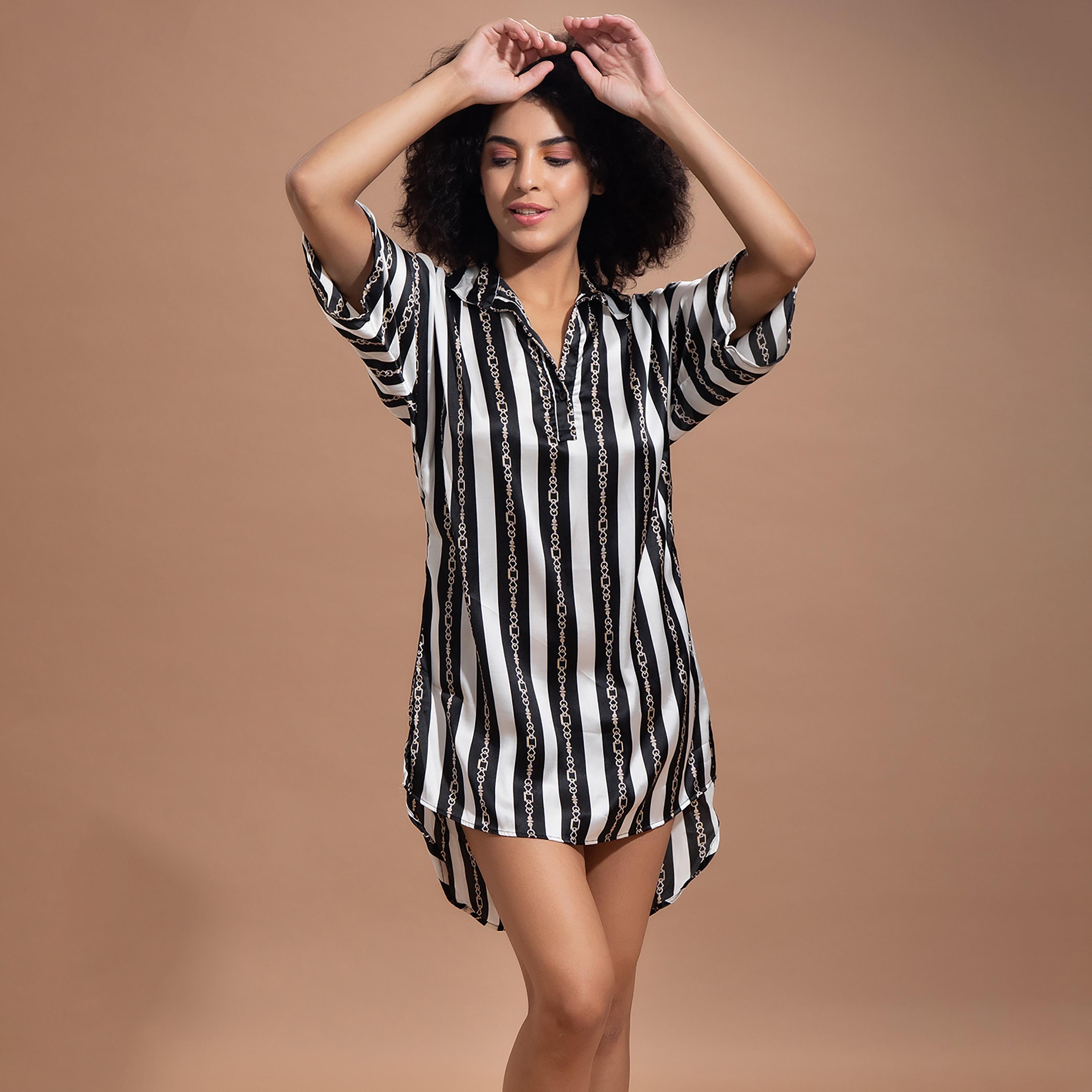 Clovia Stripes Collared Sleepshirt with Button Closure-women-clothing-nightwear-nighties-image-1