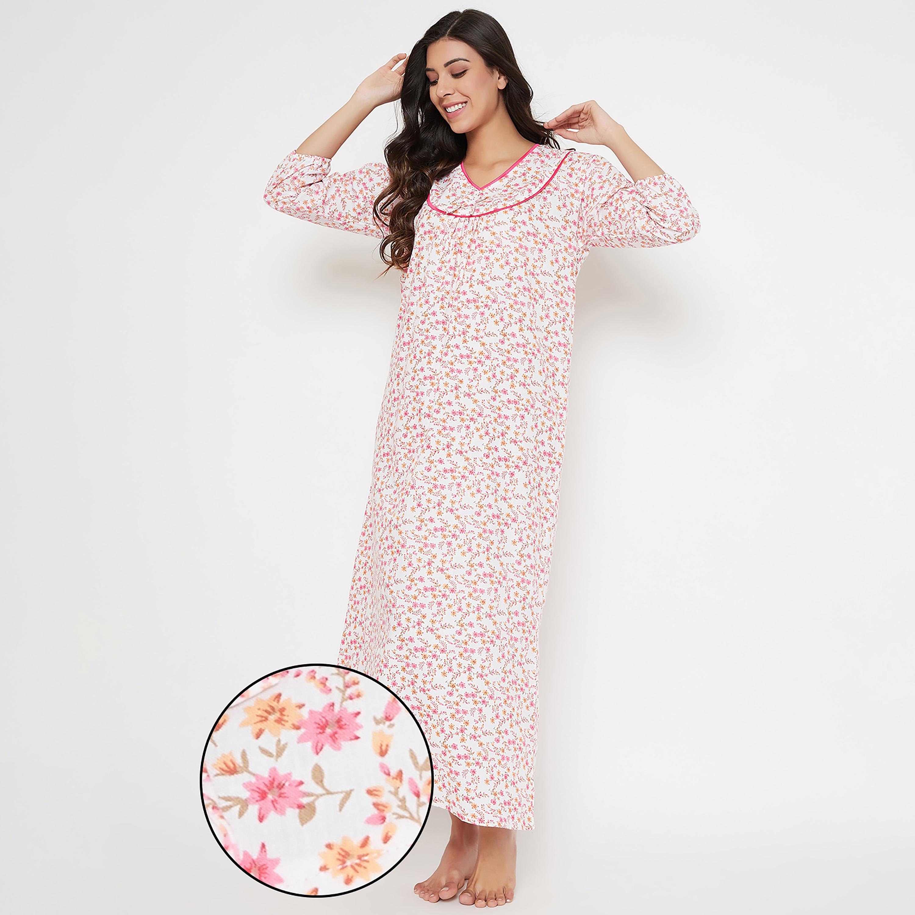 Clovia Floral V-Neck Long Night Dress-women-clothing-nightwear-nighties-image-1