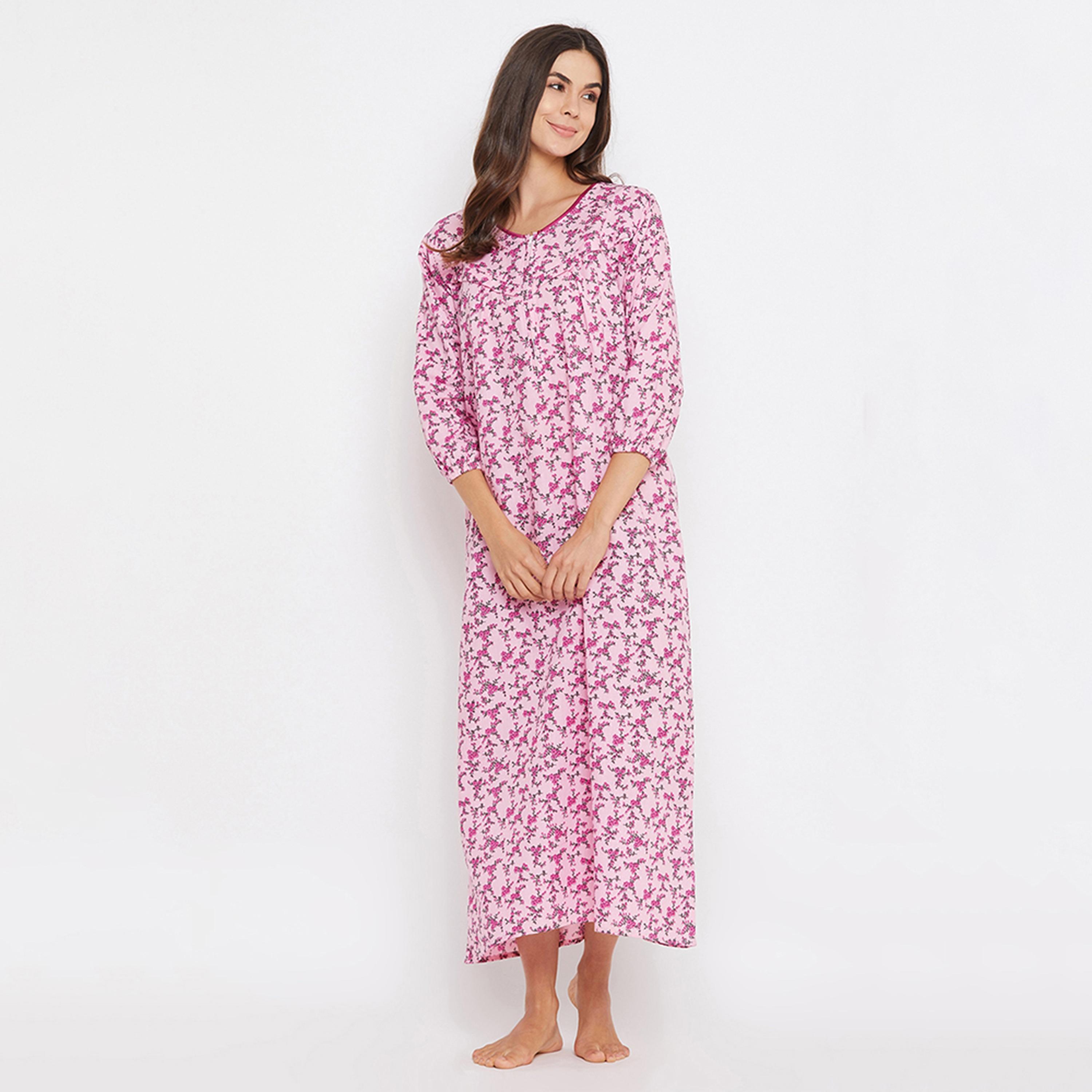 قميص نوم طويل للرضاعة "برينت مي بريتي" - 100% قطن وردي فاتح من كلوفيا-women-clothing-nightwear-nighties-image-1