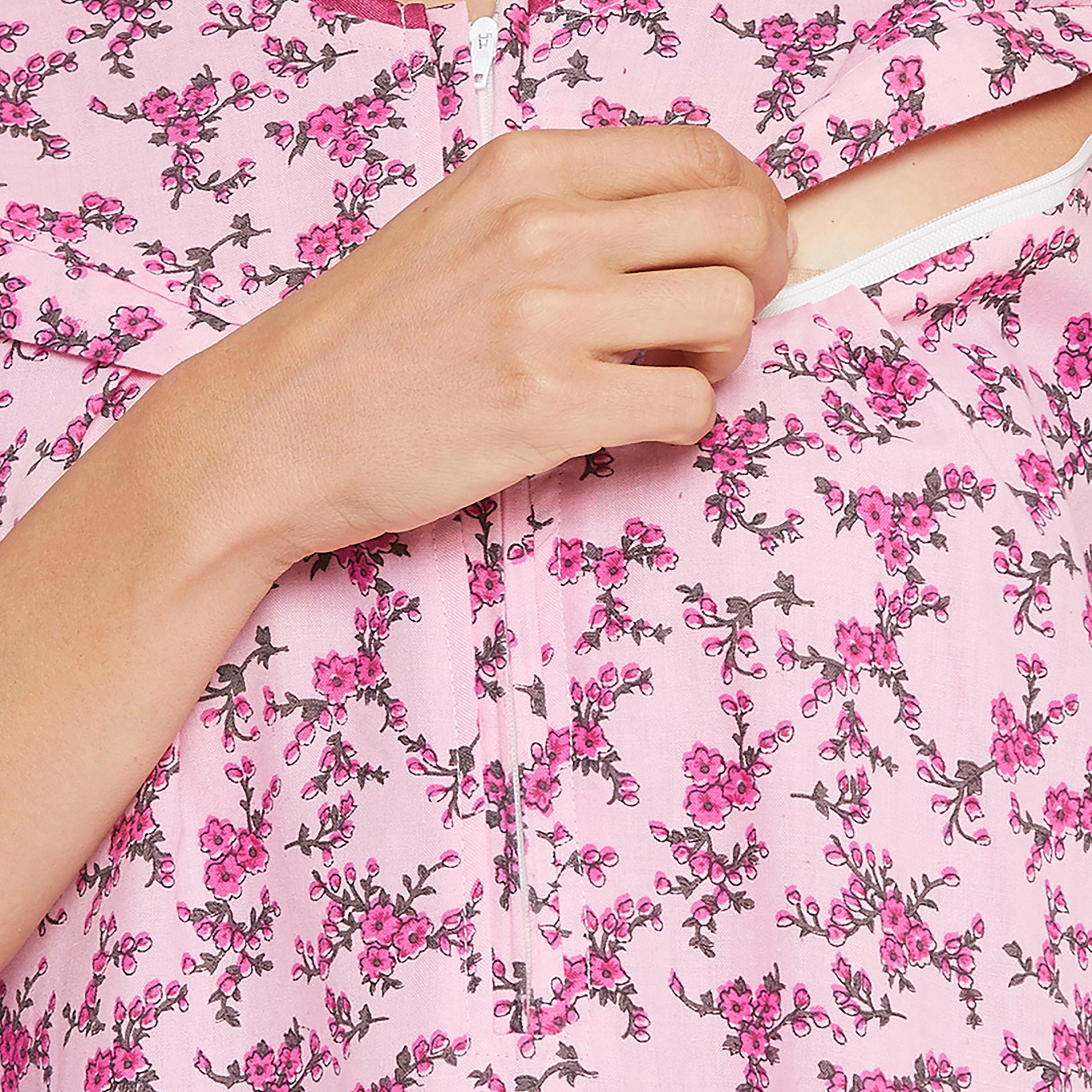 قميص نوم طويل للرضاعة "برينت مي بريتي" - 100% قطن وردي فاتح من كلوفيا-women-clothing-nightwear-nighties-image-5