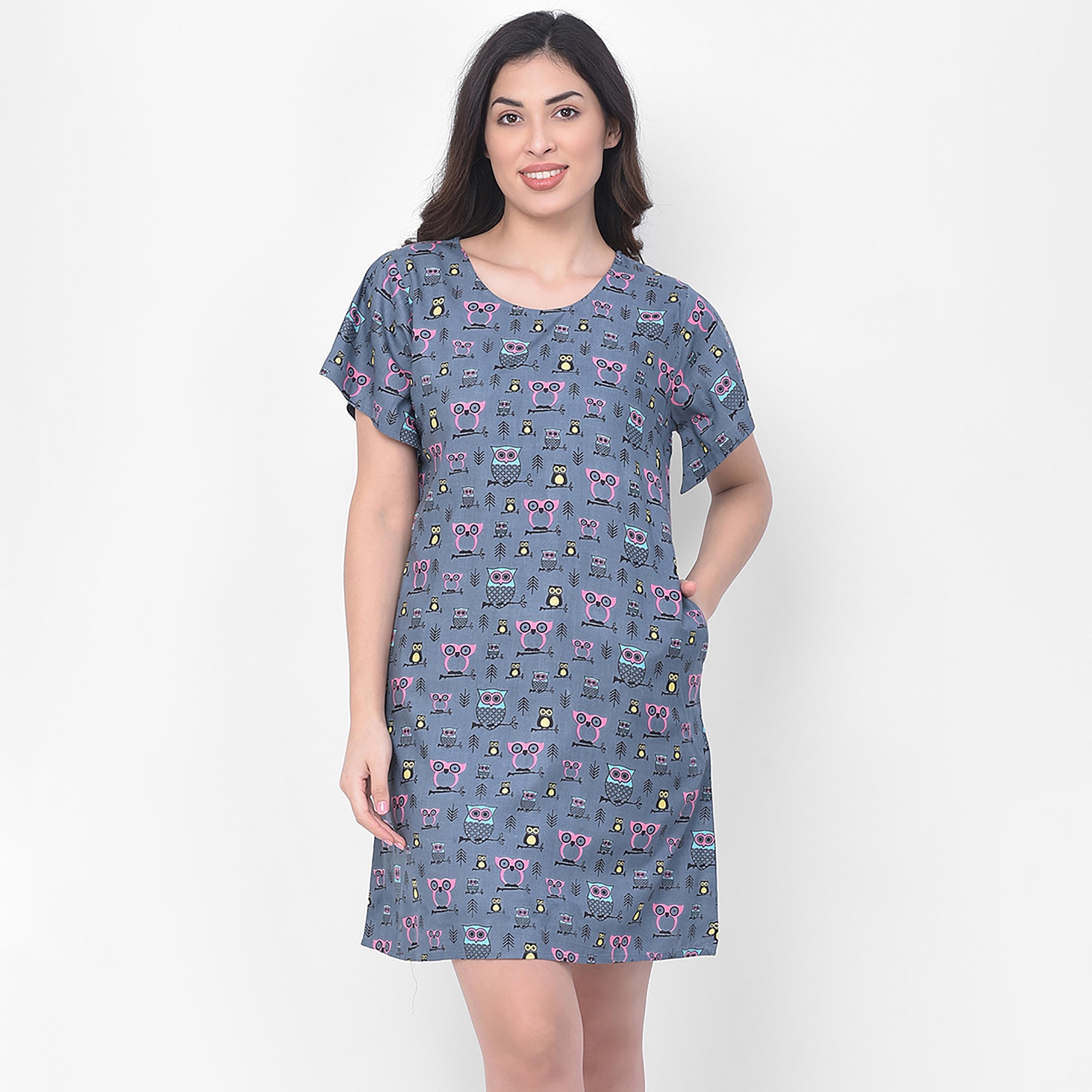 Clovia Printed Round Neck Night Dress with Tie Belt-women-clothing-nightwear-nighties-image-2