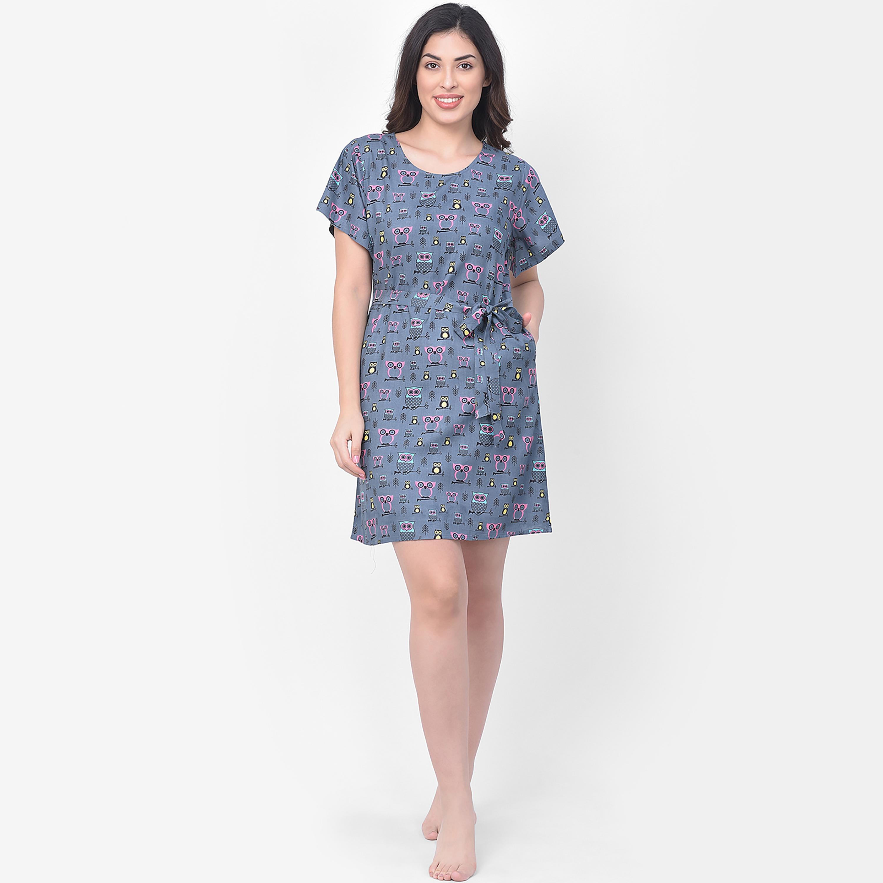 Clovia Printed Round Neck Night Dress with Tie Belt-women-clothing-nightwear-nighties-image-3