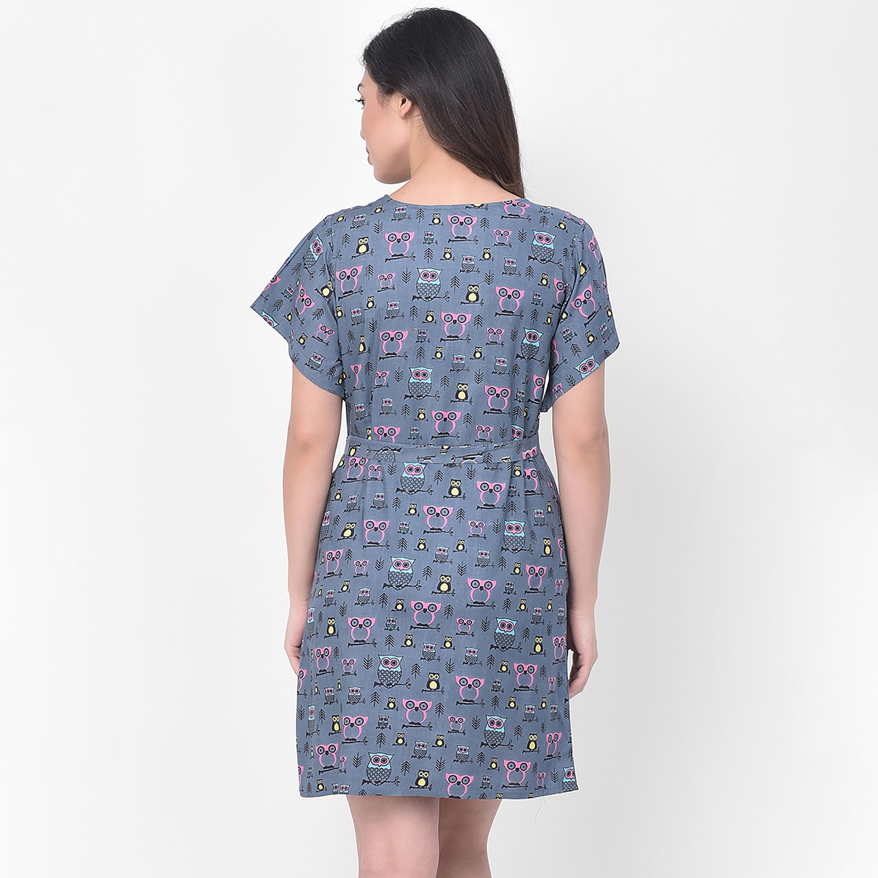 Clovia Printed Round Neck Night Dress with Tie Belt-women-clothing-nightwear-nighties-image-5