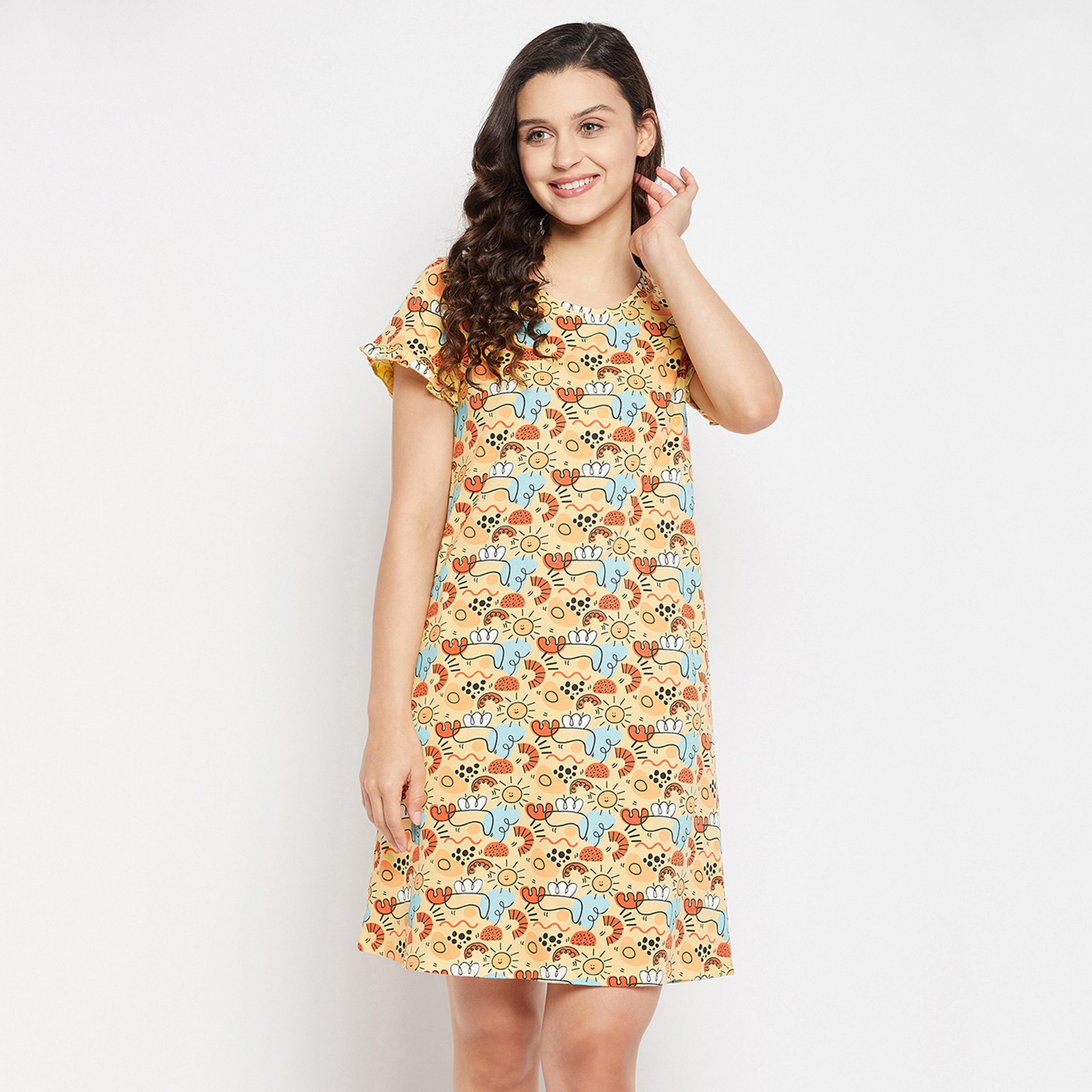 Clovia Print Me Pretty Women's Short Night Dress in Yellow - Pure Cotton-women-clothing-nightwear-nighties-image-1