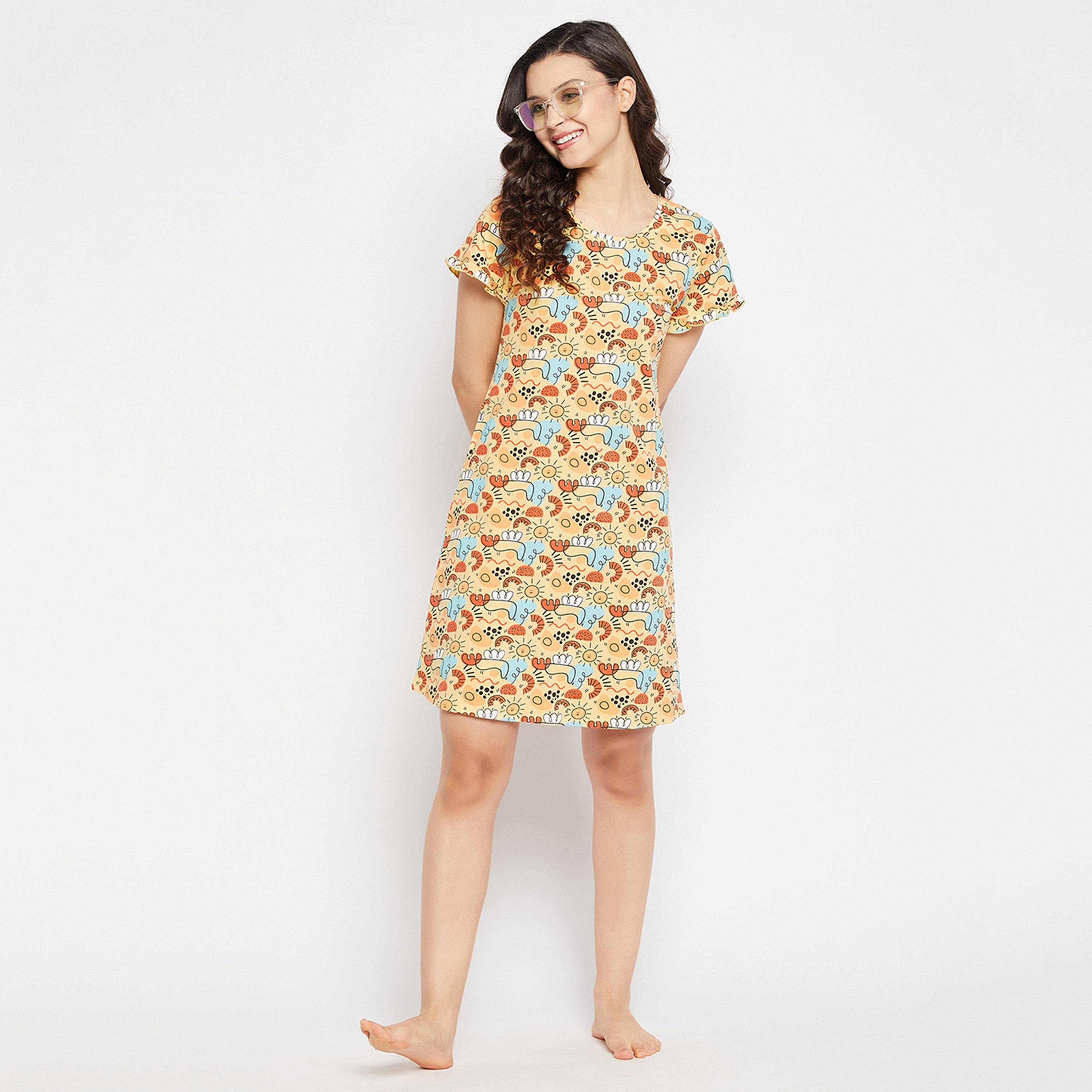 Clovia Print Me Pretty Women's Short Night Dress in Yellow - Pure Cotton-women-clothing-nightwear-nighties-image-2