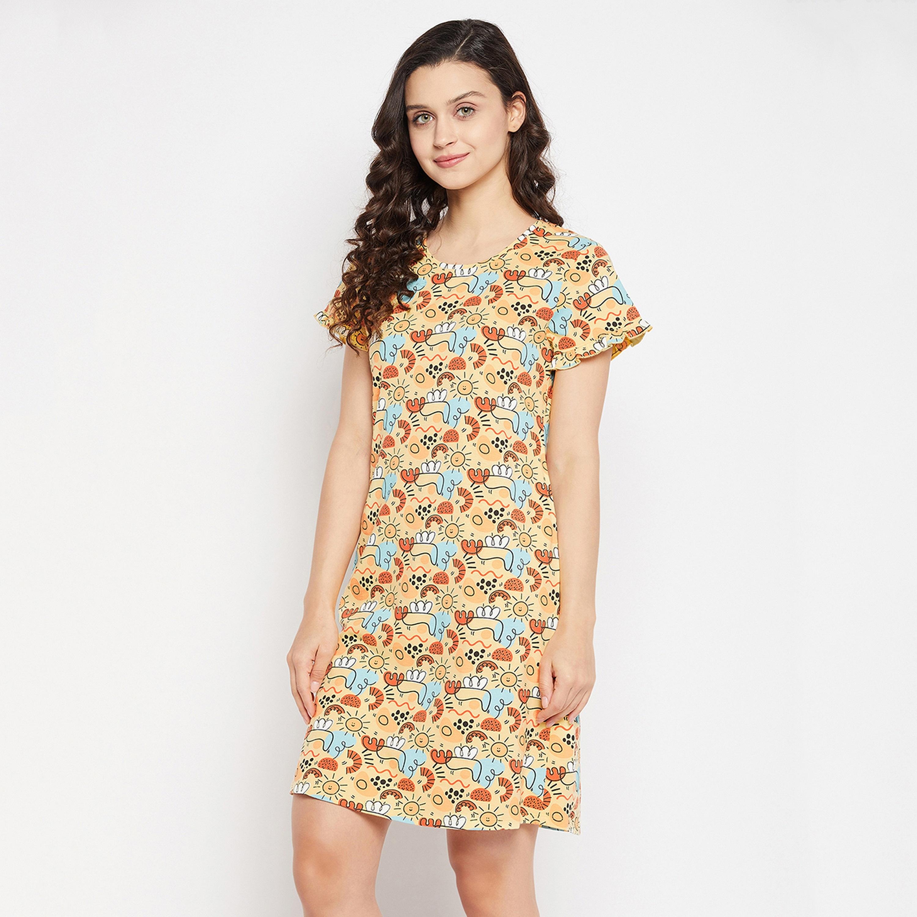Clovia Print Me Pretty Women's Short Night Dress in Yellow - Pure Cotton-women-clothing-nightwear-nighties-image-3