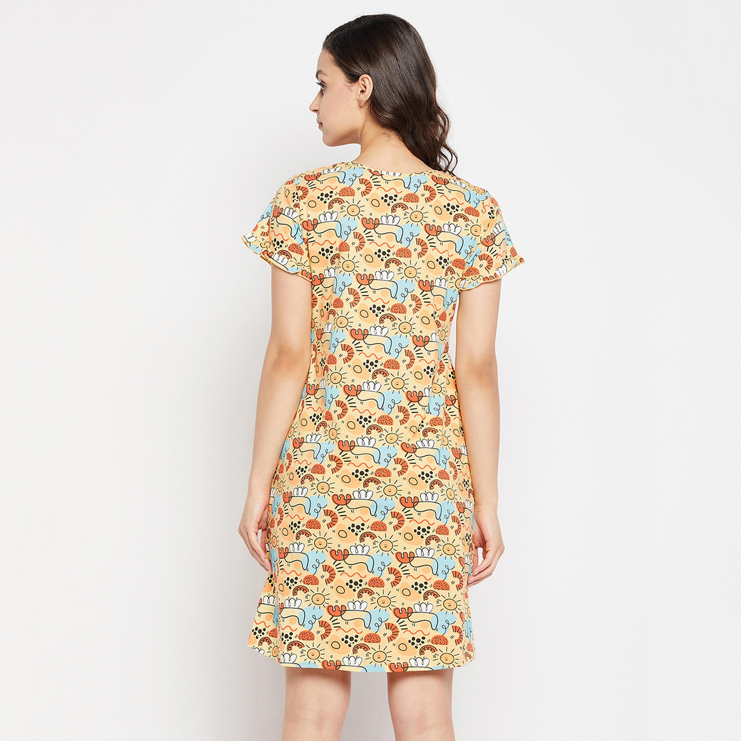 Clovia Print Me Pretty Women's Short Night Dress in Yellow - Pure Cotton-women-clothing-nightwear-nighties-image-5