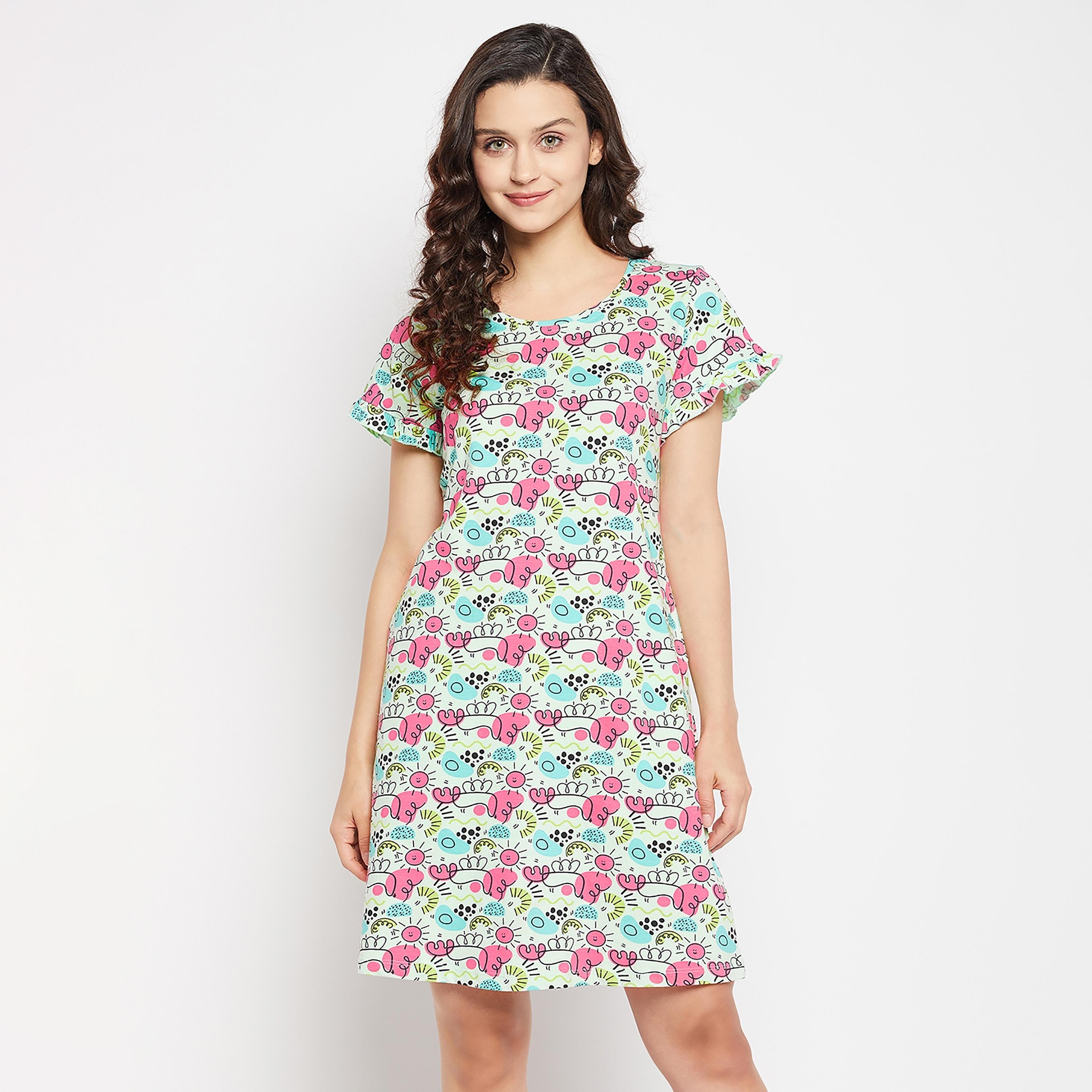 Clovia Printed Round Neck Night Dress-women-clothing-nightwear-nighties-image-2