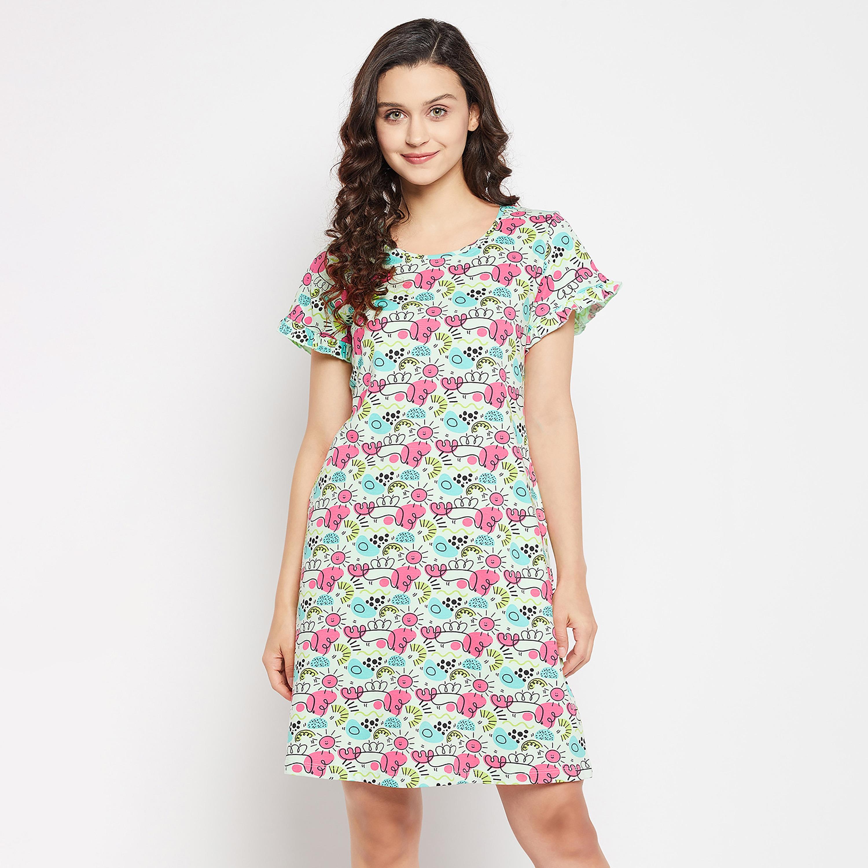 Clovia Printed Round Neck Night Dress-women-clothing-nightwear-nighties-image-1