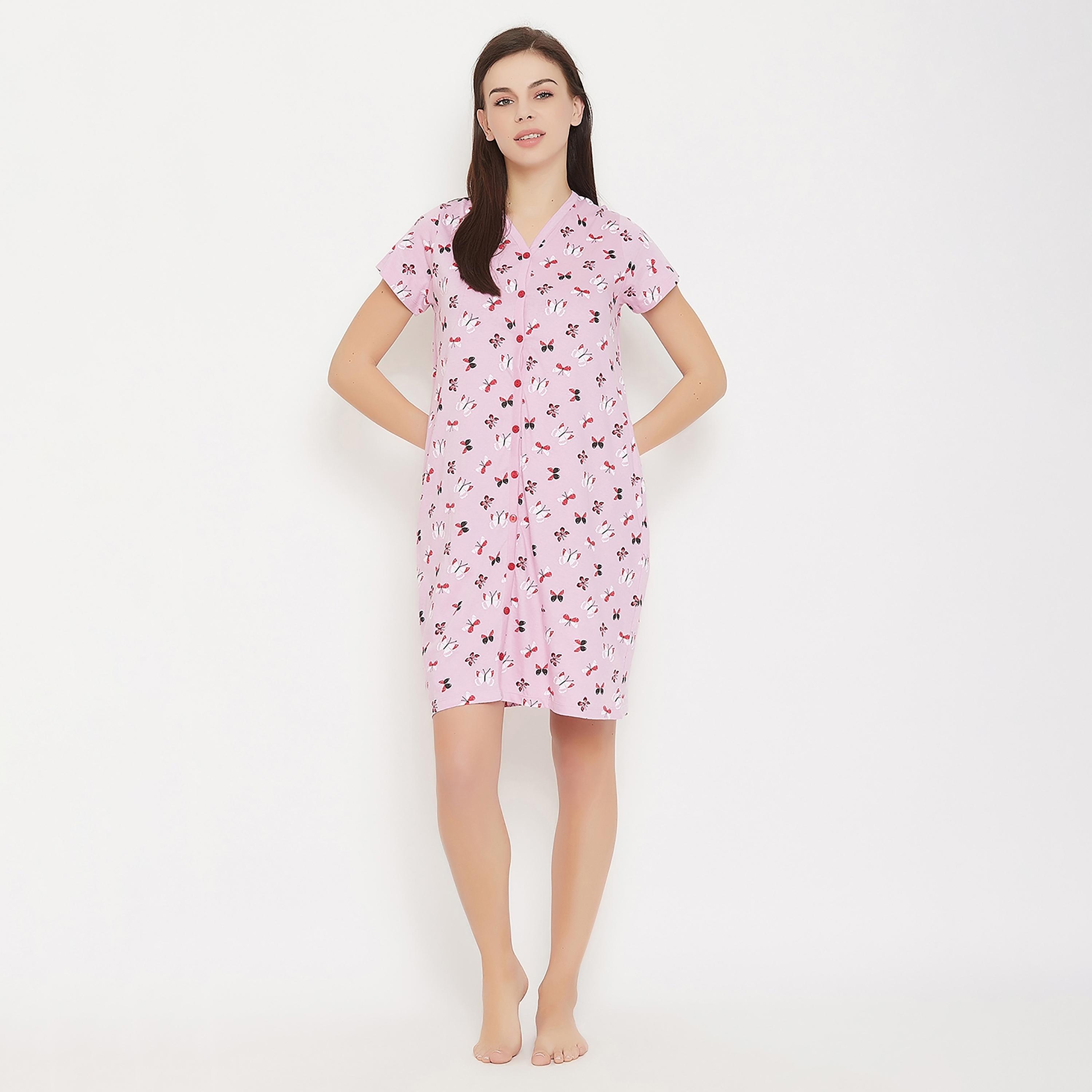Clovia Printed V-Neck Night Dress with Button Closure-women-clothing-nightwear-nighties-image-3