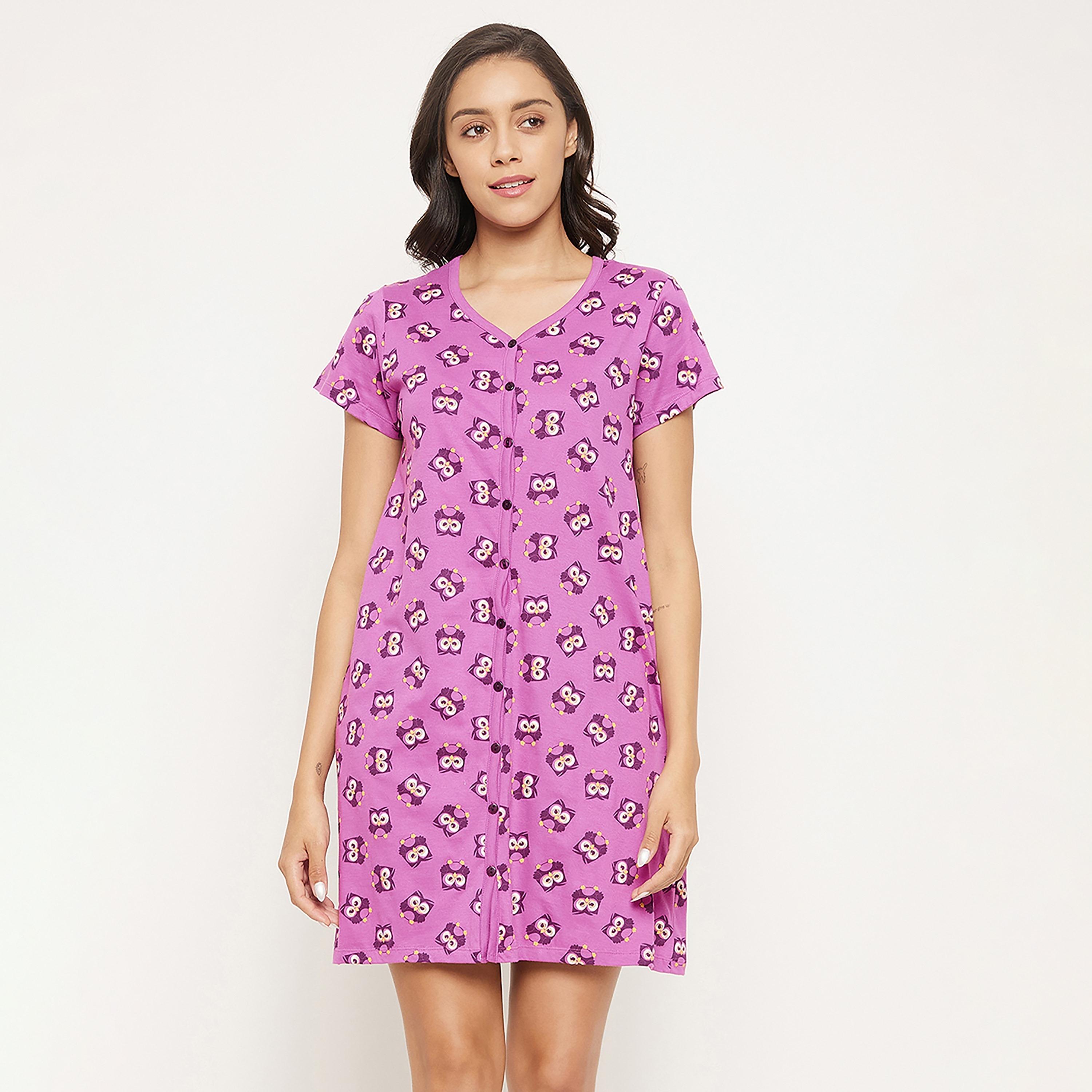 Clovia Owl Print Button Me Up Short Women's Nightdress in Purple - Pure Cotton-women-clothing-nightwear-nighties-image-1