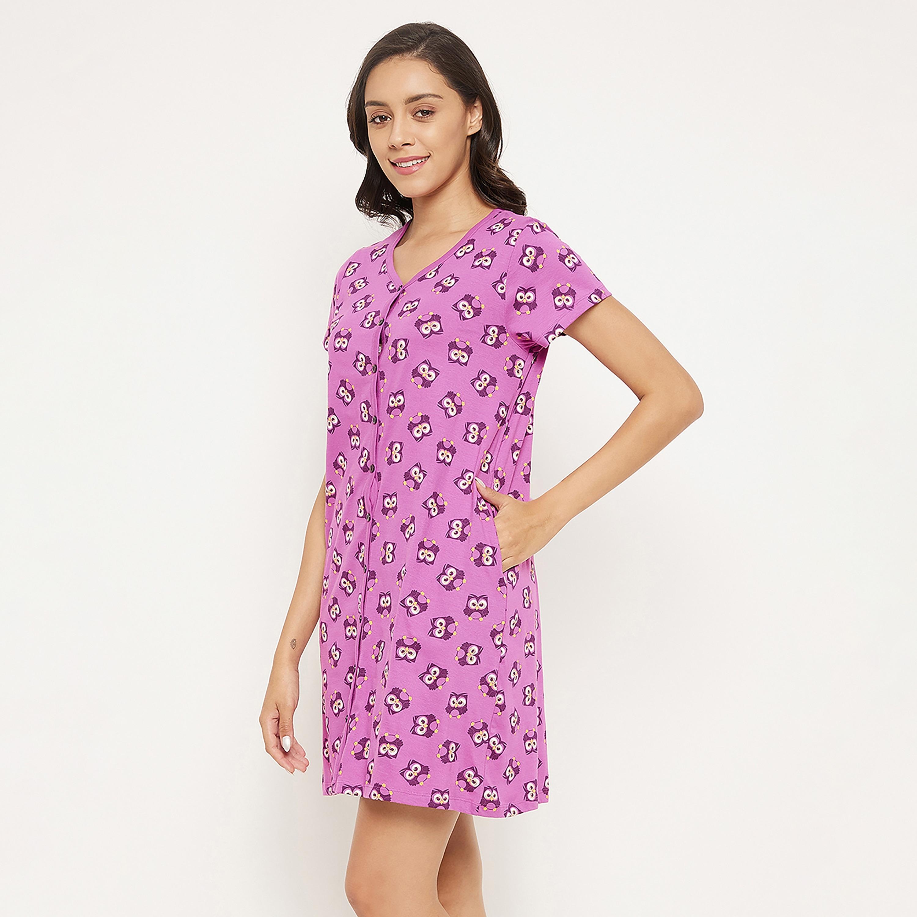 Clovia Owl Print Button Me Up Short Women's Nightdress in Purple - Pure Cotton-women-clothing-nightwear-nighties-image-4